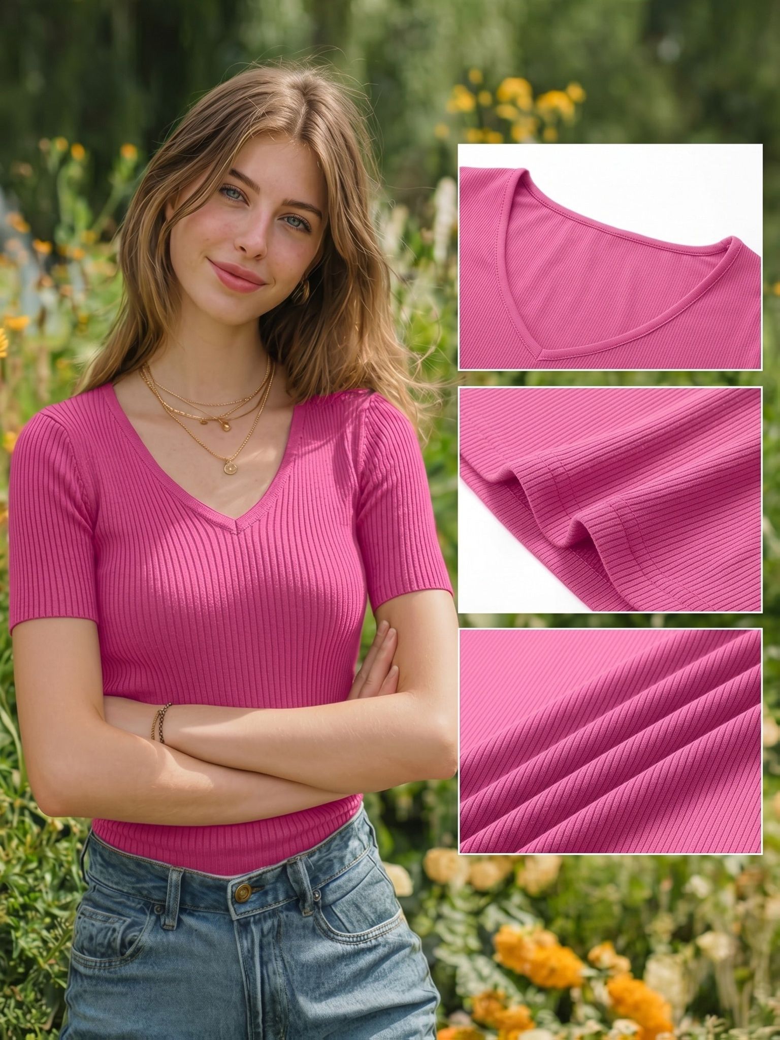 Three-Pack Women's Ribbed V-Neck Slim-Fit T-Shirts, Solid Color Casual Shirts, Suitable for Home and Casual Outings   OAXG Light Apricot + Red + Black / S
