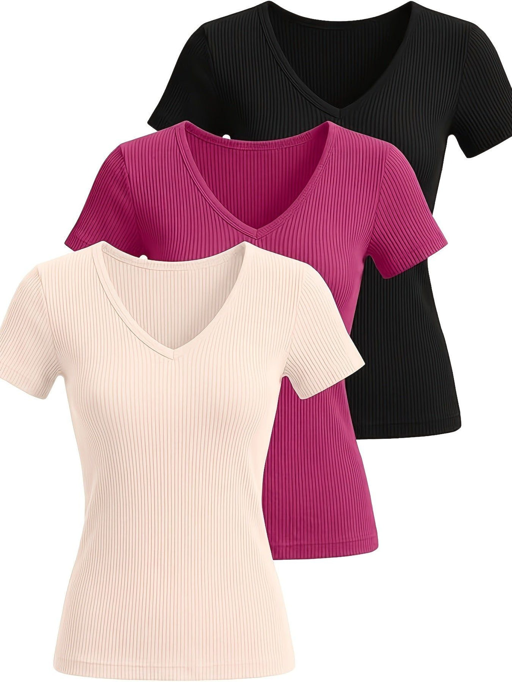 Three-Pack Women's Ribbed V-Neck Slim-Fit T-Shirts, Solid Color Casual Shirts, Suitable for Home and Casual Outings   OAXG Light Apricot + Red + Black / S