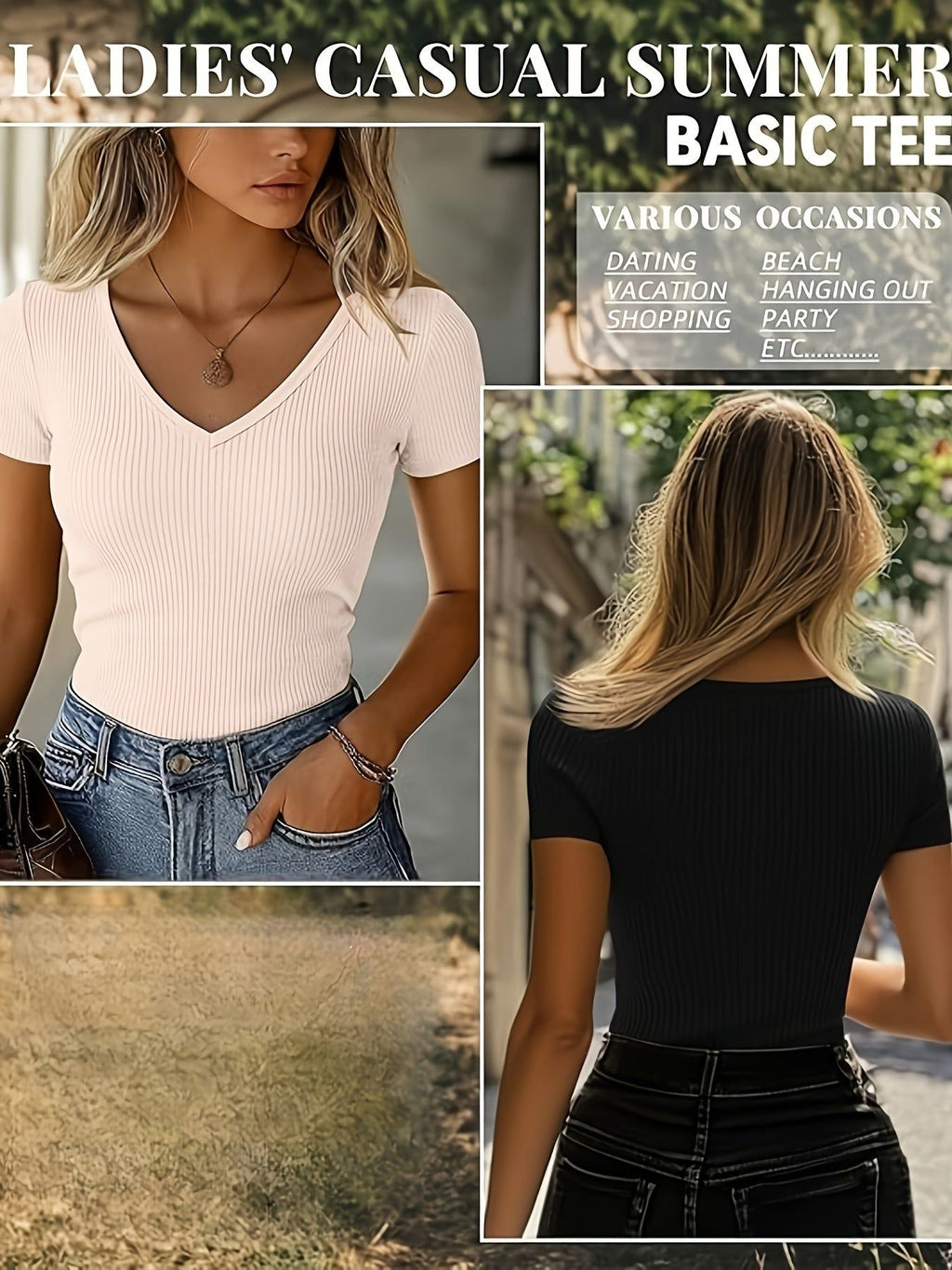 Three-Pack Women's Ribbed V-Neck Slim-Fit T-Shirts, Solid Color Casual Shirts, Suitable for Home and Casual Outings   OAXG Light Apricot + Red + Black / S