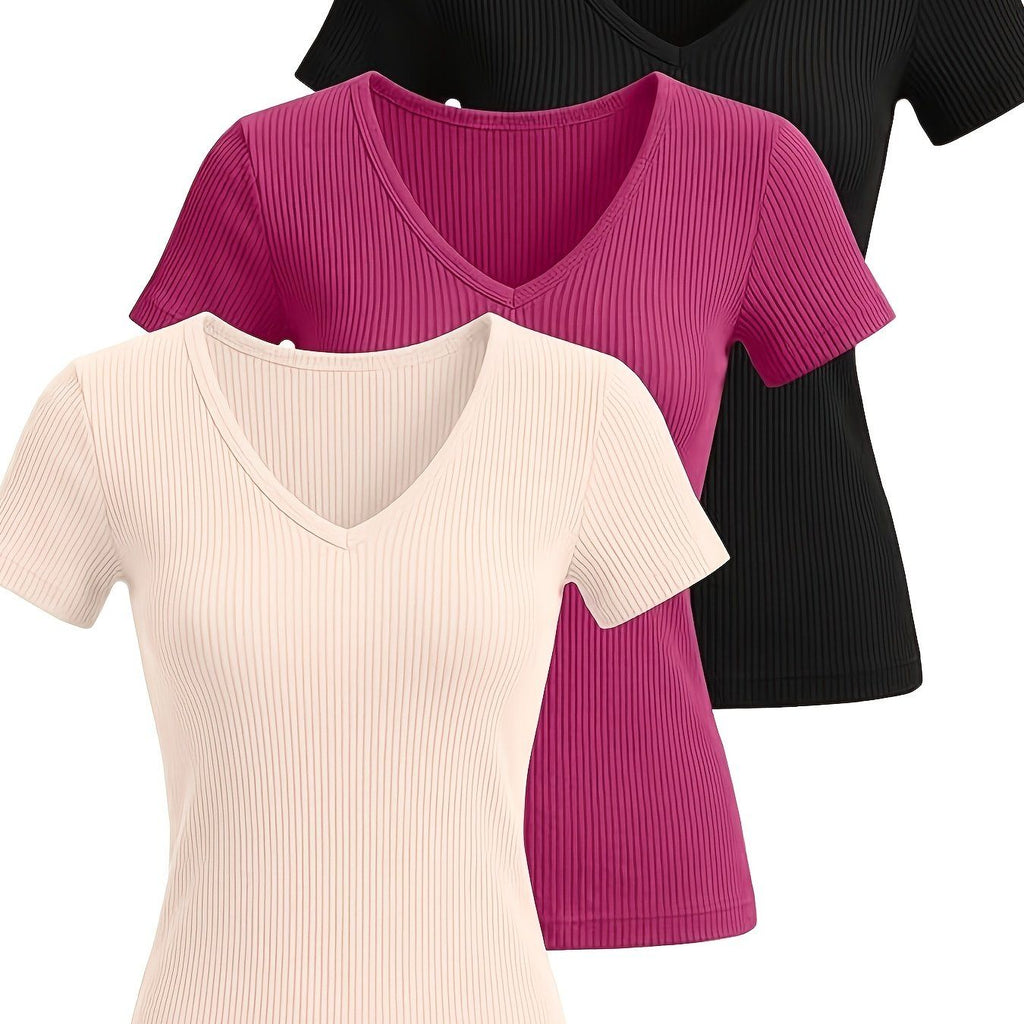 Three-Pack Women's Ribbed V-Neck Slim-Fit T-Shirts, Solid Color Casual Shirts, Suitable for Home and Casual Outings   OAXG Light Apricot + Red + Black / S