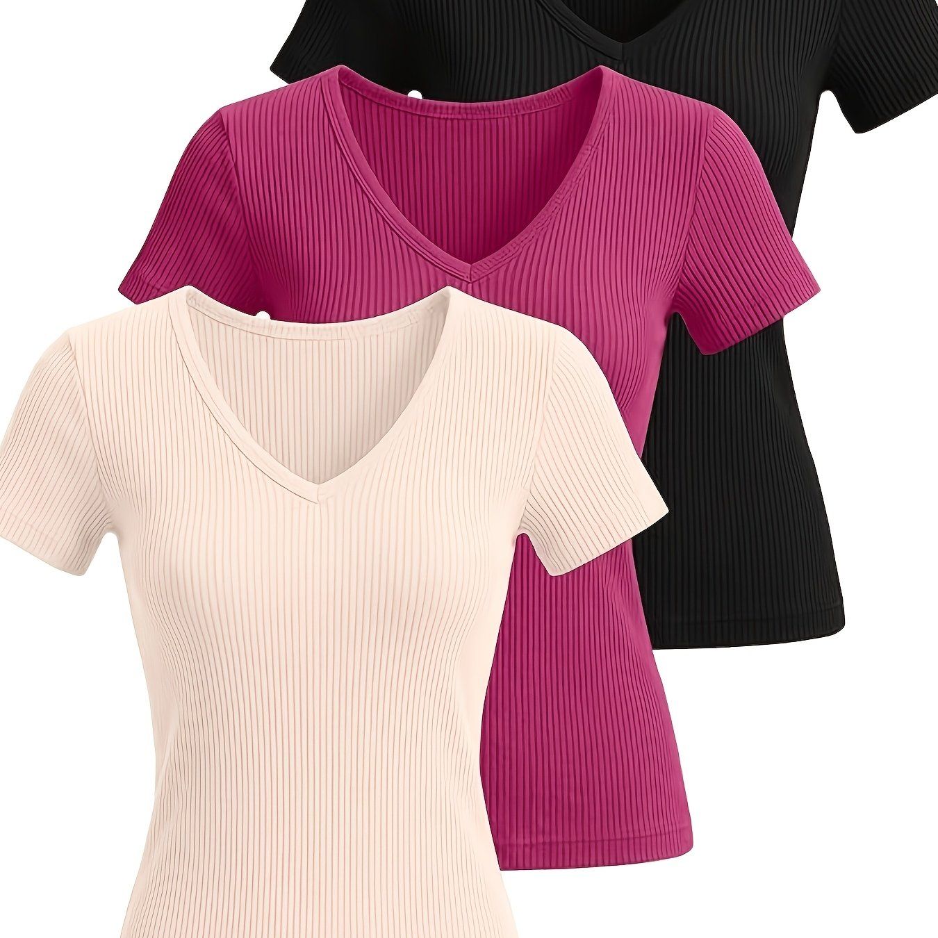Three-Pack Women's Ribbed V-Neck Slim-Fit T-Shirts, Solid Color Casual Shirts, Suitable for Home and Casual Outings   OAXG Light Apricot + Red + Black / S