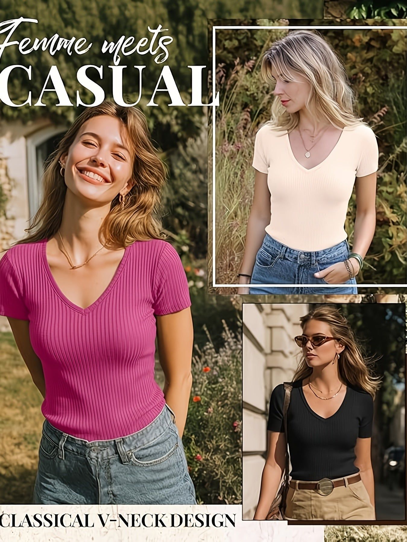 Three-Pack Women's Ribbed V-Neck Slim-Fit T-Shirts, Solid Color Casual Shirts, Suitable for Home and Casual Outings   OAXG Light Apricot + Red + Black / S