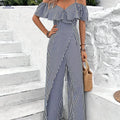 Tianshan Cold Shoulder Ruffled Striped Jumpsuit - Chic Vacation Style   OAXG 