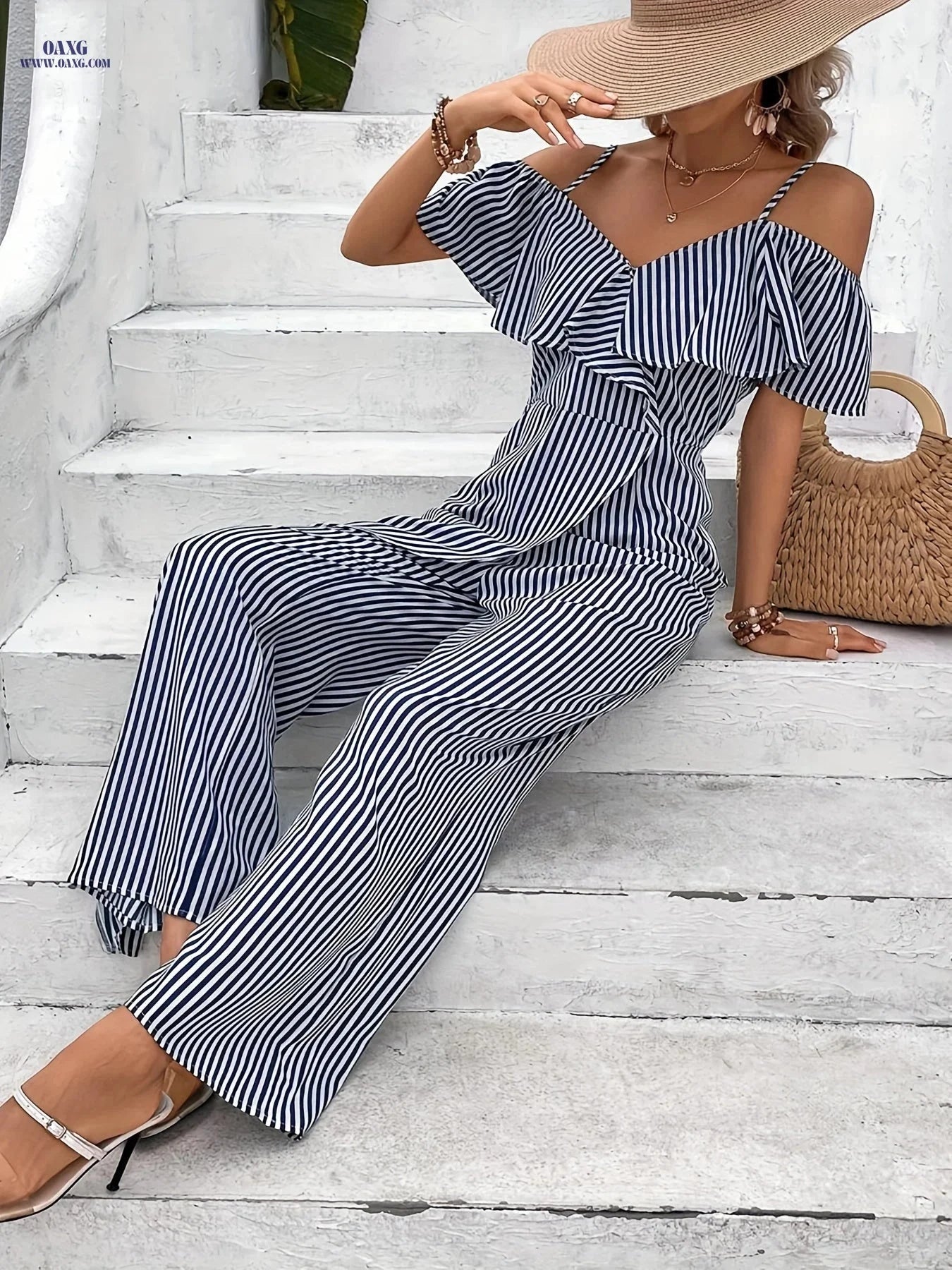 Tianshan Cold Shoulder Ruffled Striped Jumpsuit - Chic Vacation Style   OAXG Blue / S