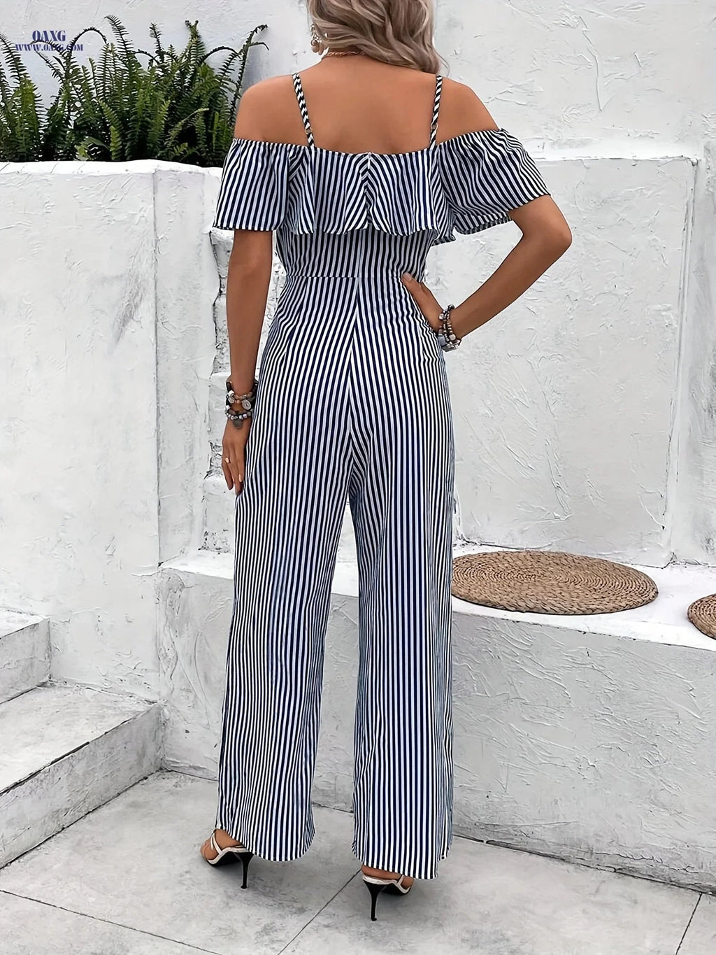 Tianshan Cold Shoulder Ruffled Striped Jumpsuit - Chic Vacation Style   OAXG Blue / S