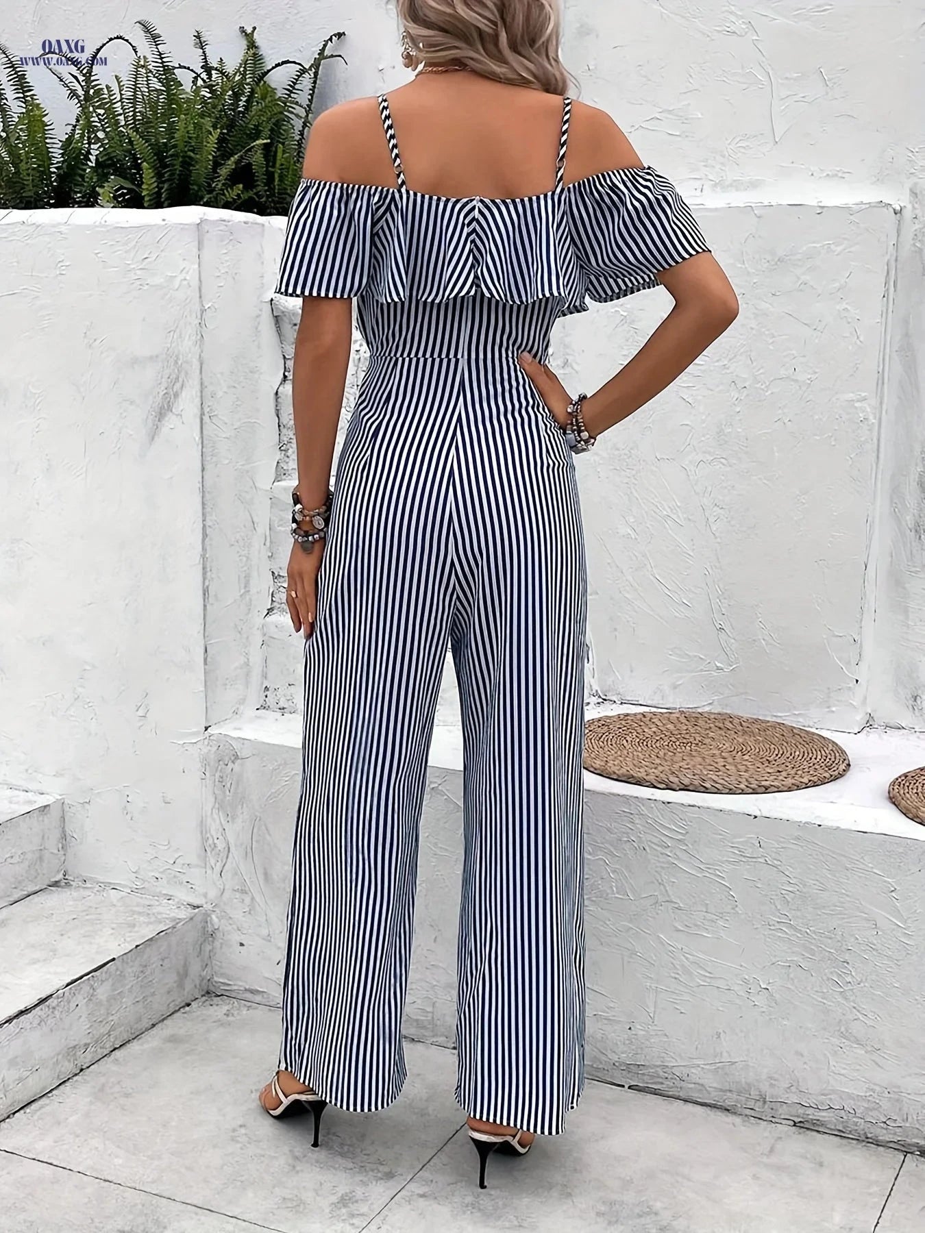 Tianshan Cold Shoulder Ruffled Striped Jumpsuit - Chic Vacation Style   OAXG Blue / S
