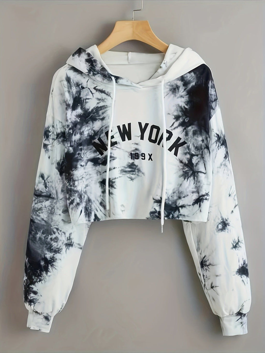 Tie Dye Crop Hooded Sweatshirt, Letter Print Long Sleeves Drawstring Sports Hoodie, Women's Activewear   OAXG White / S