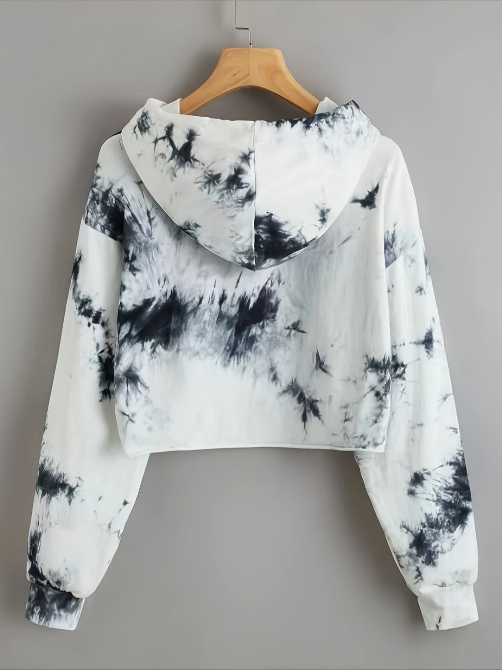 Tie Dye Crop Hooded Sweatshirt, Letter Print Long Sleeves Drawstring Sports Hoodie, Women's Activewear   OAXG White / S