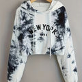 Tie Dye Crop Hooded Sweatshirt, Letter Print Long Sleeves Drawstring Sports Hoodie, Women's Activewear   OAXG White / S