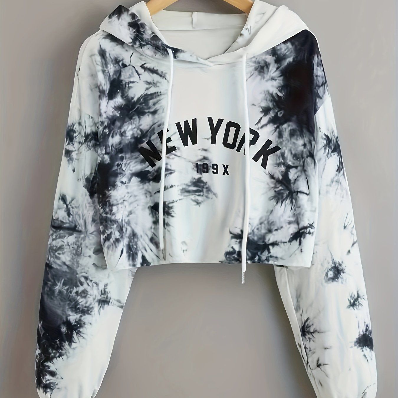 Tie Dye Crop Hooded Sweatshirt, Letter Print Long Sleeves Drawstring Sports Hoodie, Women's Activewear   OAXG White / S