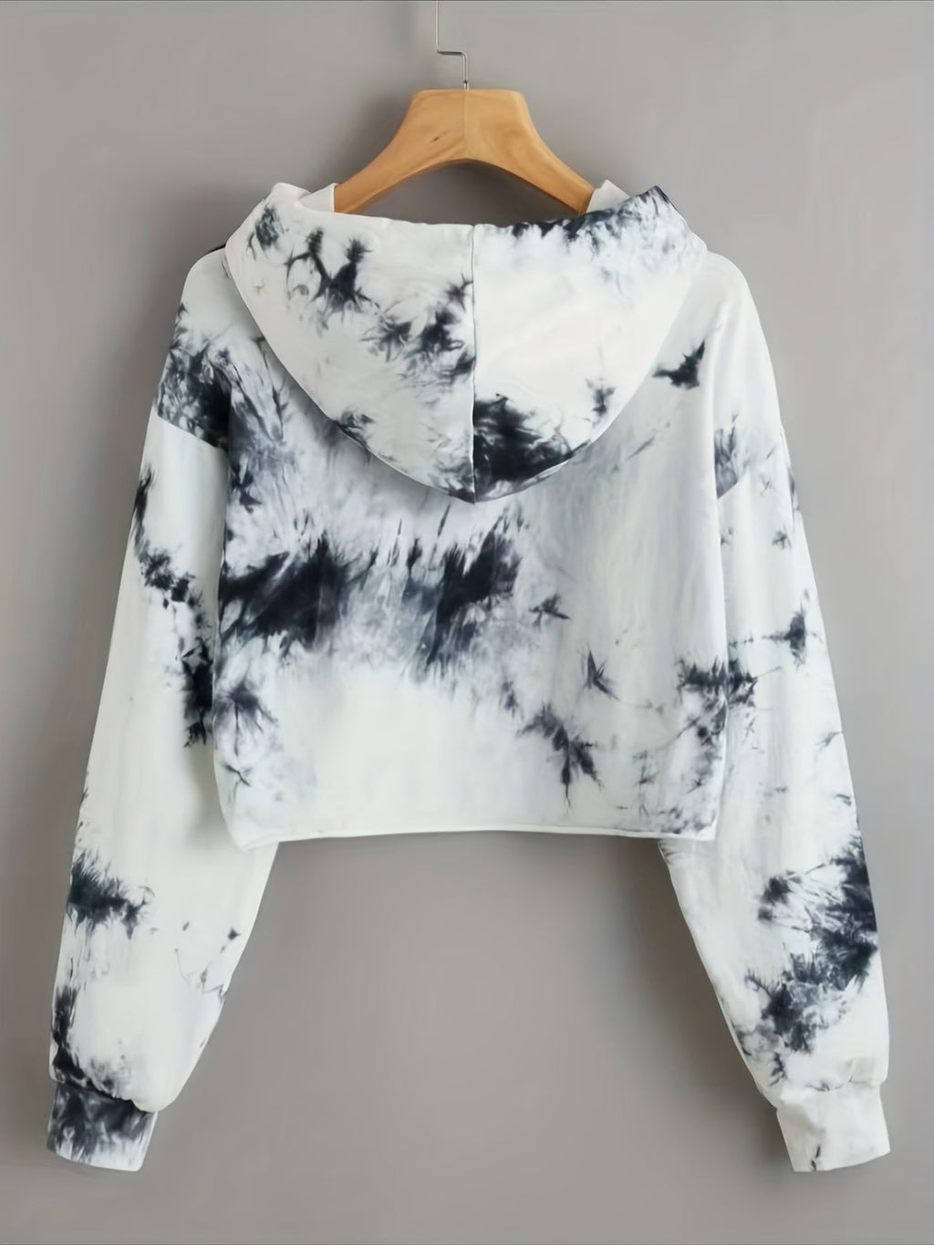 Tie Dye Crop Hooded Sweatshirt, Letter Print Long Sleeves Drawstring Sports Hoodie, Women's Activewear   OAXG White / S