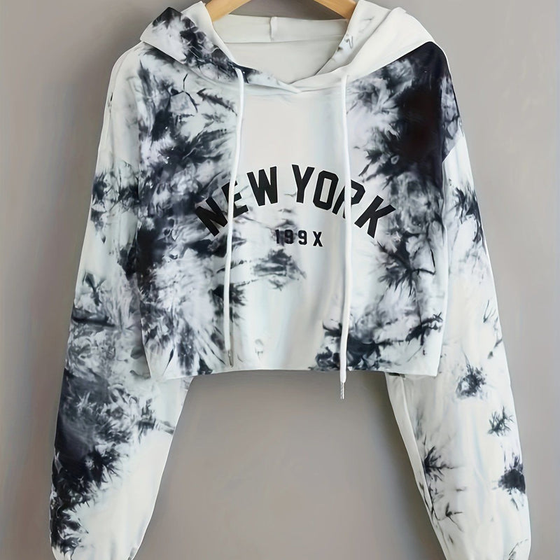 Tie Dye Crop Hooded Sweatshirt, Letter Print Long Sleeves Drawstring Sports Hoodie, Women's Activewear   OAXG White / S