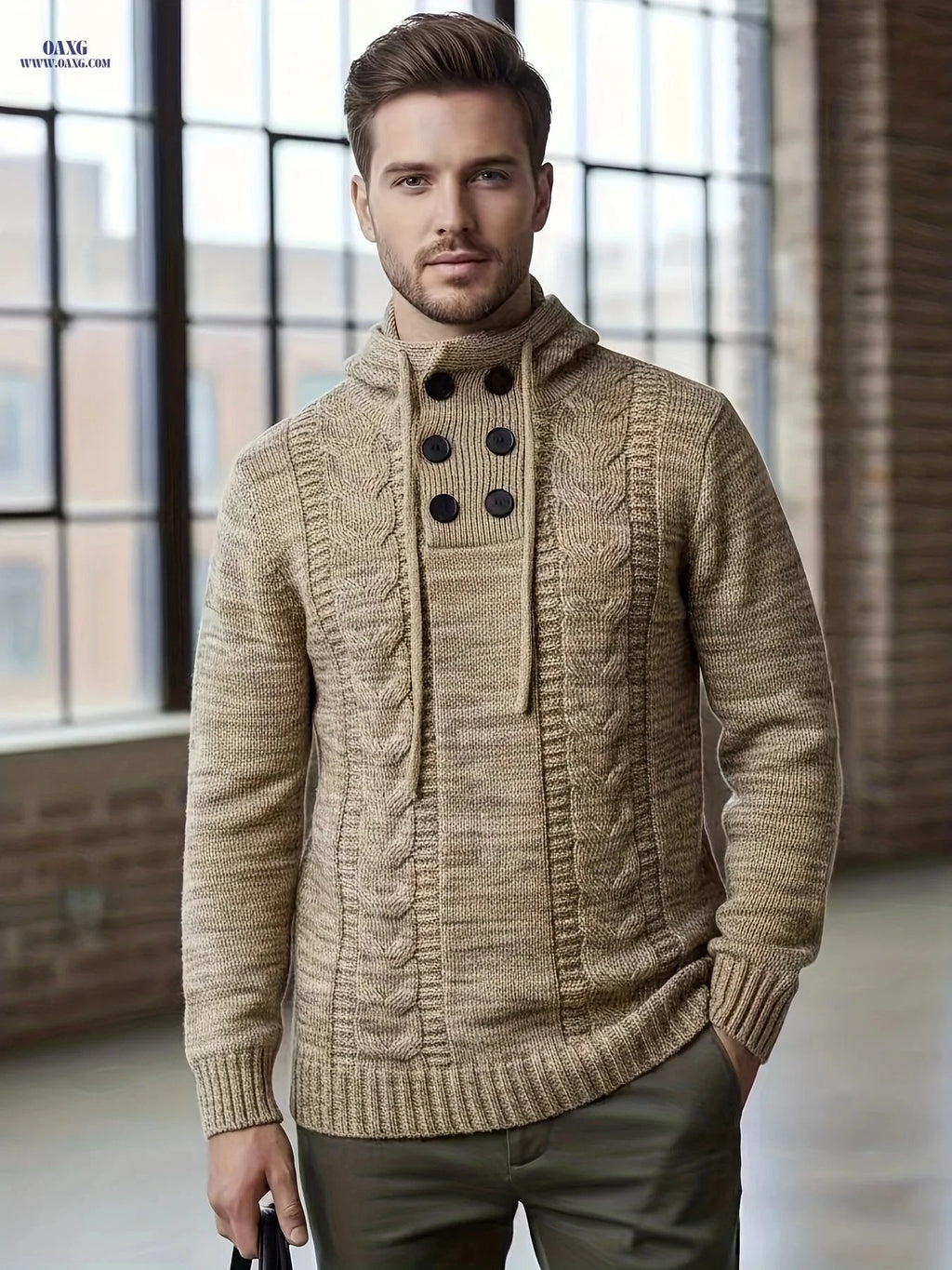 Tiemuzhen Men's Knitted Hoodie - Trendy Collar & Long Sleeves   OAXG Olive Green / FR M