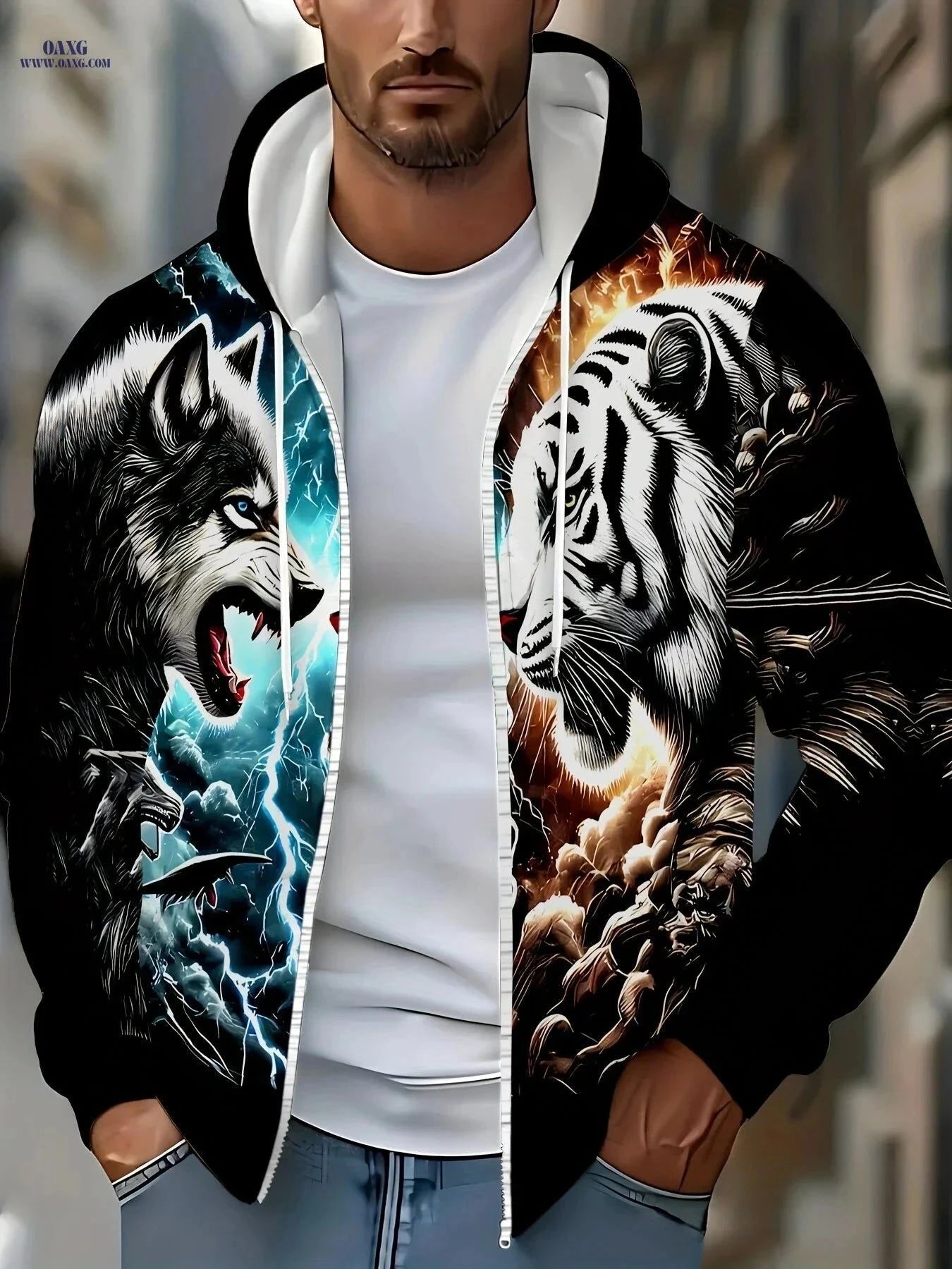Tiger Wolf Print Hooded Sweatshirt - Zipper Design for Men, Casual Style   OAXG Black / FR L