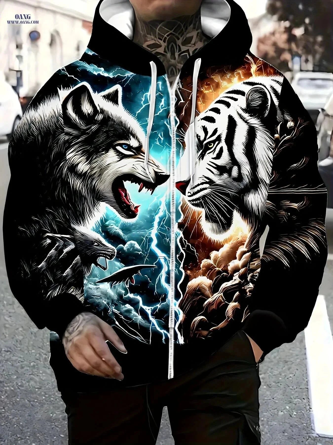 Tiger Wolf Print Hooded Sweatshirt - Zipper Design for Men, Casual Style   OAXG Black / FR L
