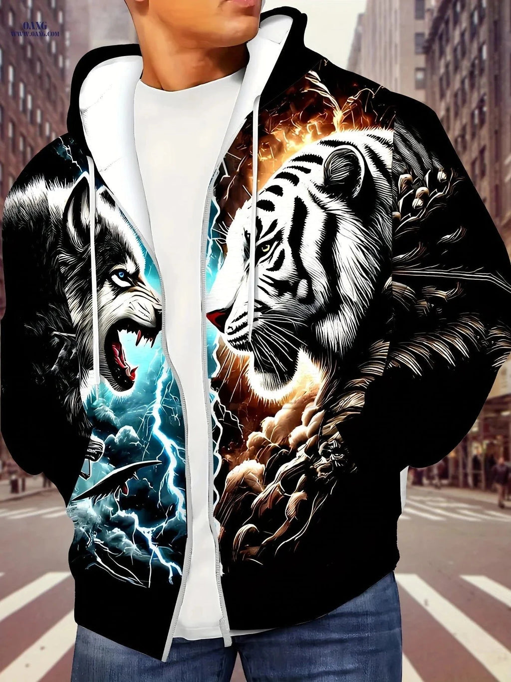 Tiger Wolf Print Hooded Sweatshirt - Zipper Design for Men, Casual Style   OAXG Black / FR L