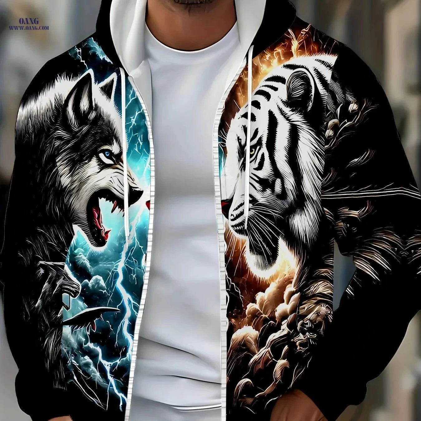 Tiger Wolf Print Hooded Sweatshirt - Zipper Design for Men, Casual Style   OAXG Black / FR L