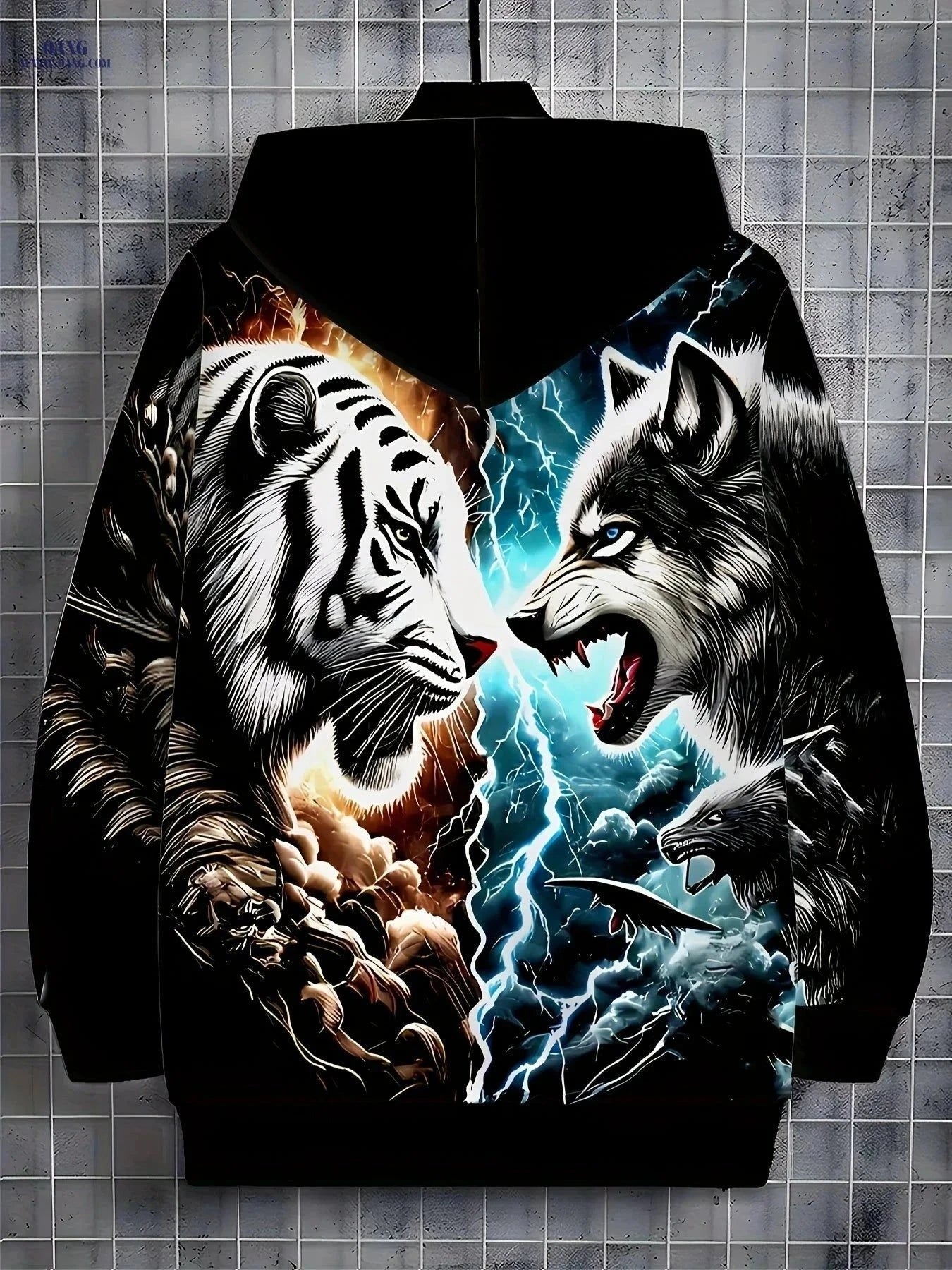 Tiger Wolf Print Hooded Sweatshirt - Zipper Design for Men, Casual Style   OAXG Black / FR L