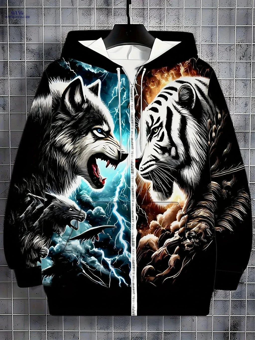 Tiger Wolf Print Hooded Sweatshirt - Zipper Design for Men, Casual Style   OAXG Black / FR L
