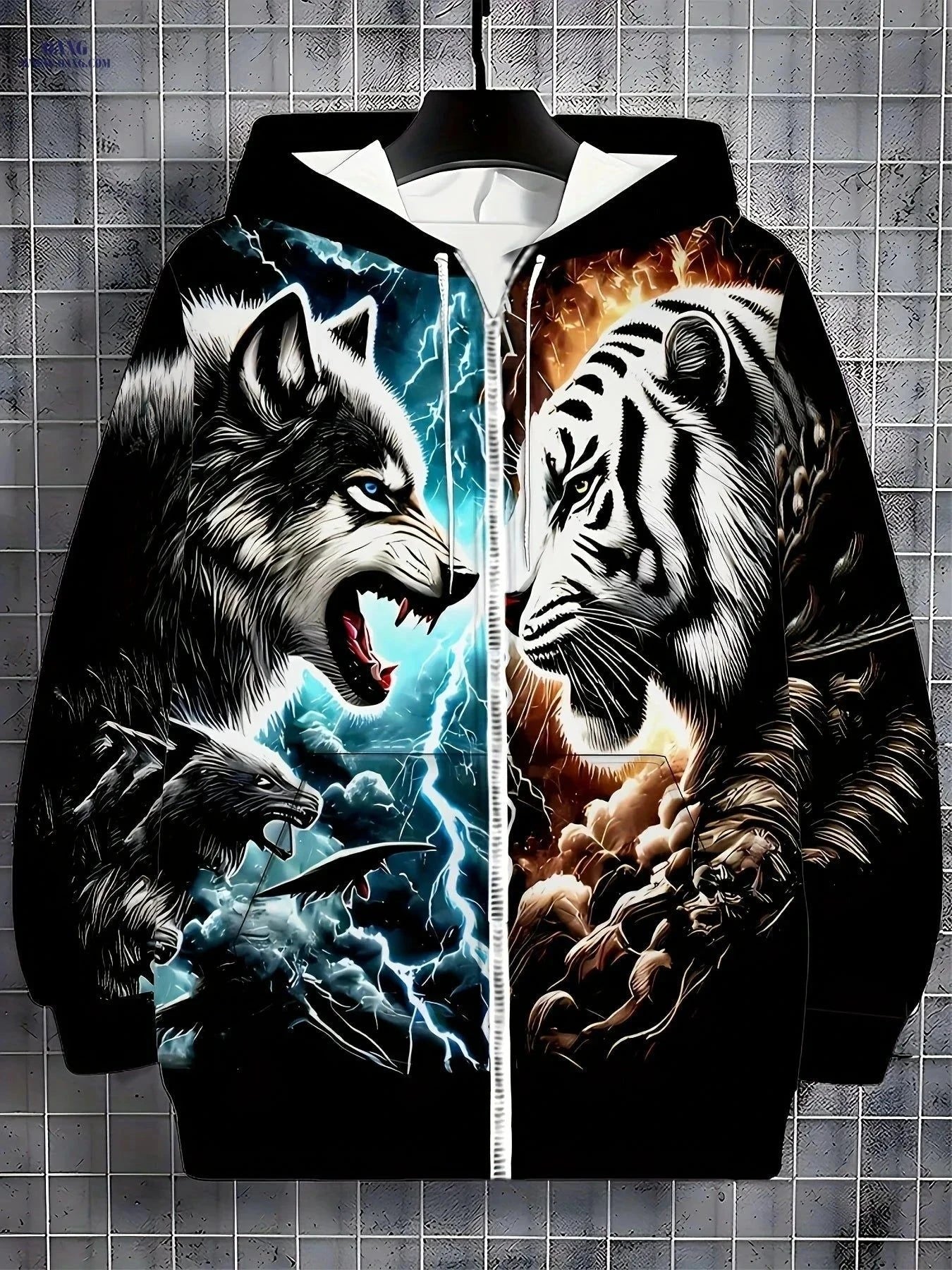 Tiger Wolf Print Hooded Sweatshirt - Zipper Design for Men, Casual Style   OAXG Black / FR L