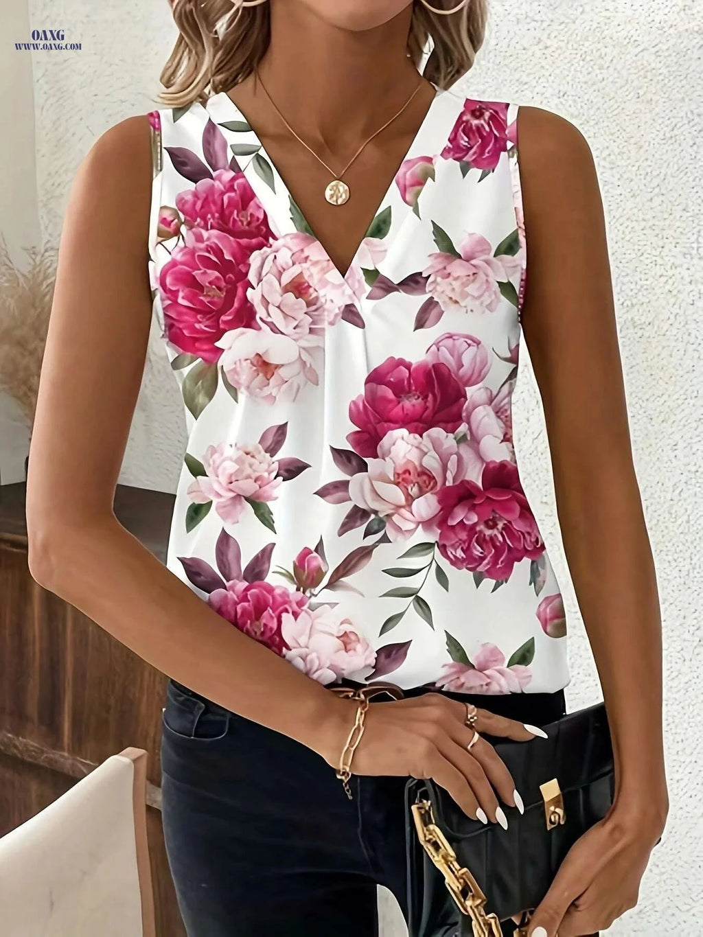 Tingdun Elegant Floral Print Sleeveless Top - V-Neck Style for Women   OAXG 