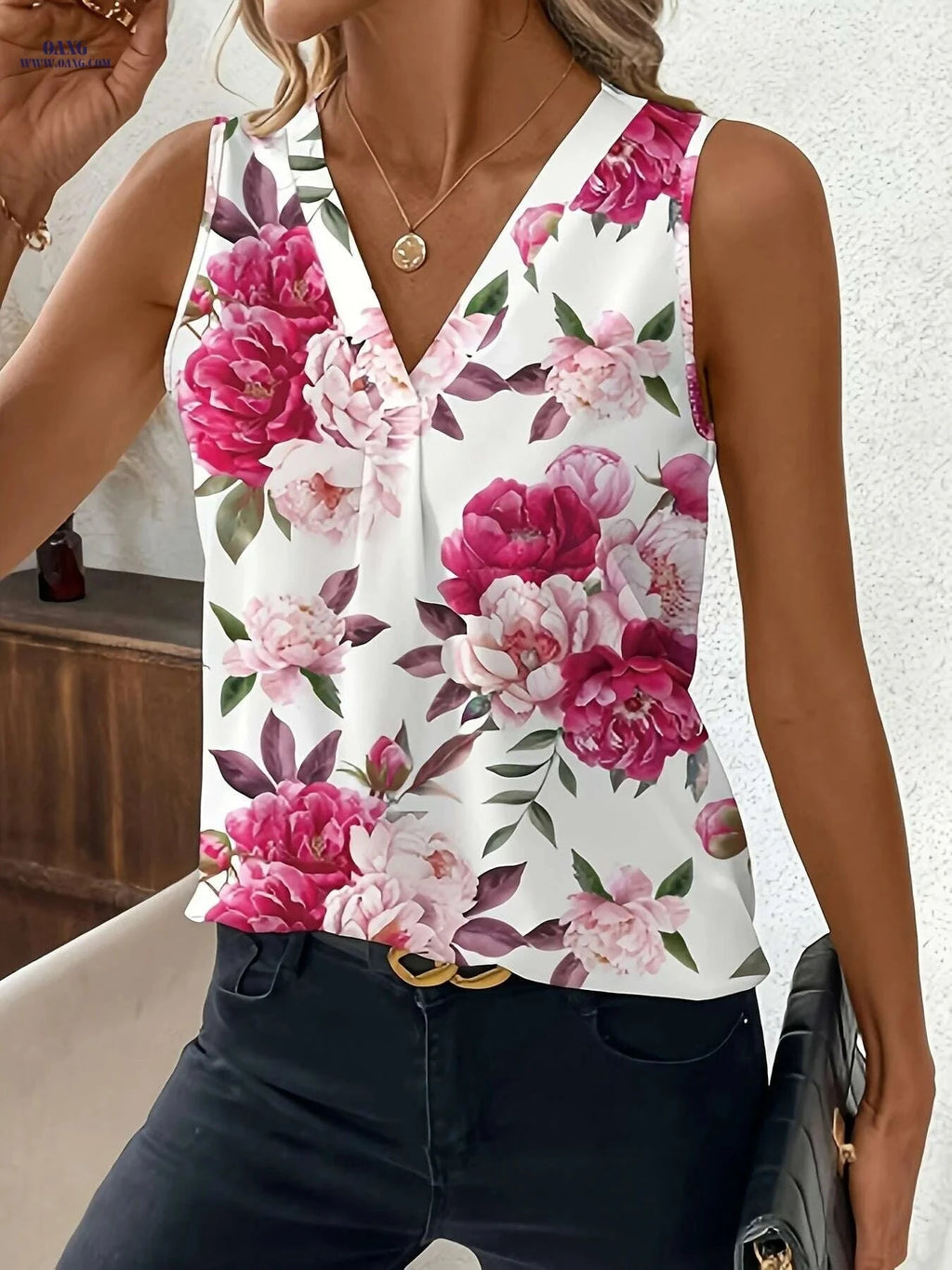 Tingdun Elegant Floral Print Sleeveless Top - V-Neck Style for Women   OAXG 