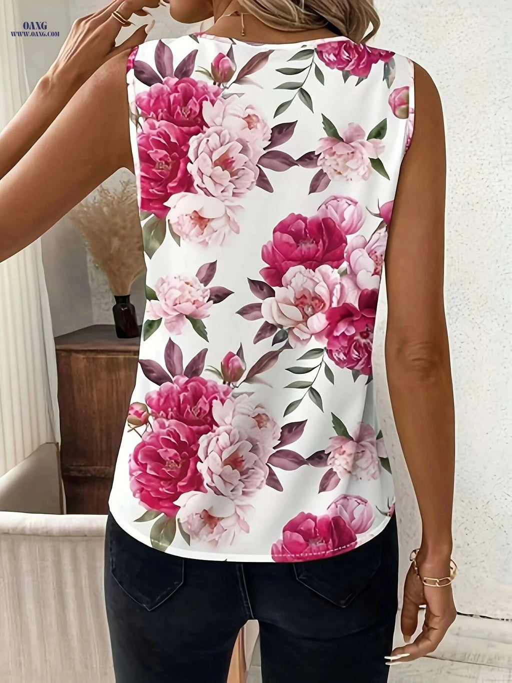 Tingdun Elegant Floral Print Sleeveless Top - V-Neck Style for Women   OAXG 