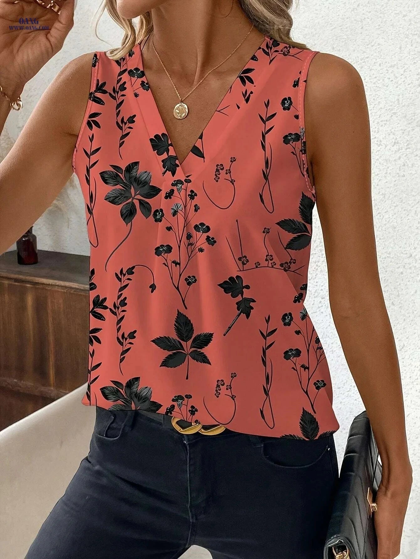 Tingyun Women's Peach Floral V-Neck Blouse - Lightweight & Casual   OAXG 