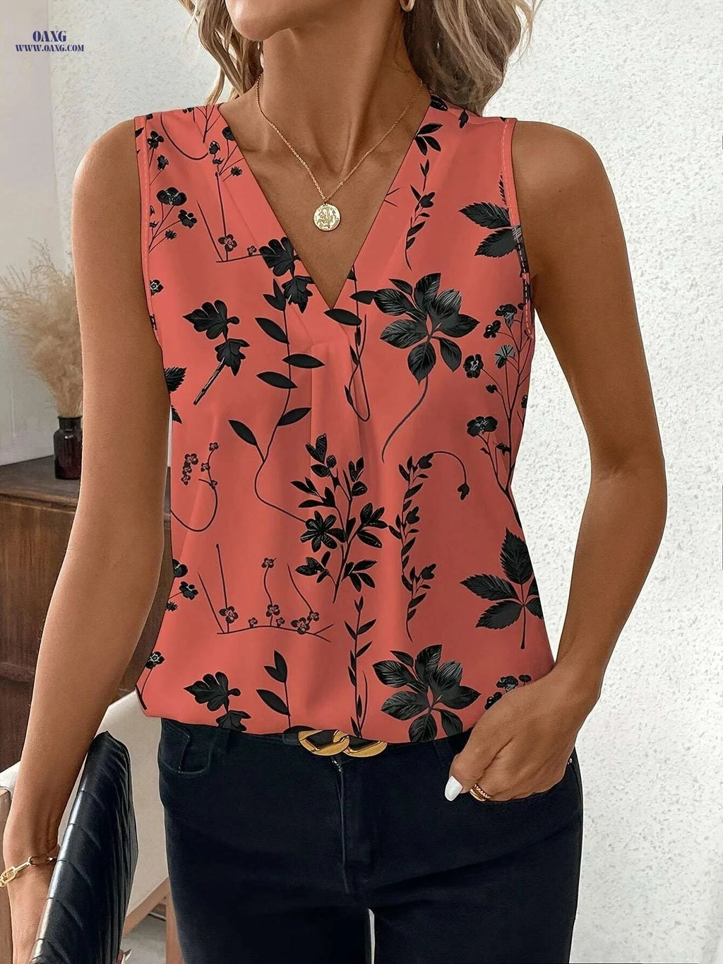 Tingyun Women's Peach Floral V-Neck Blouse - Lightweight & Casual   OAXG Multicolor 1 / S