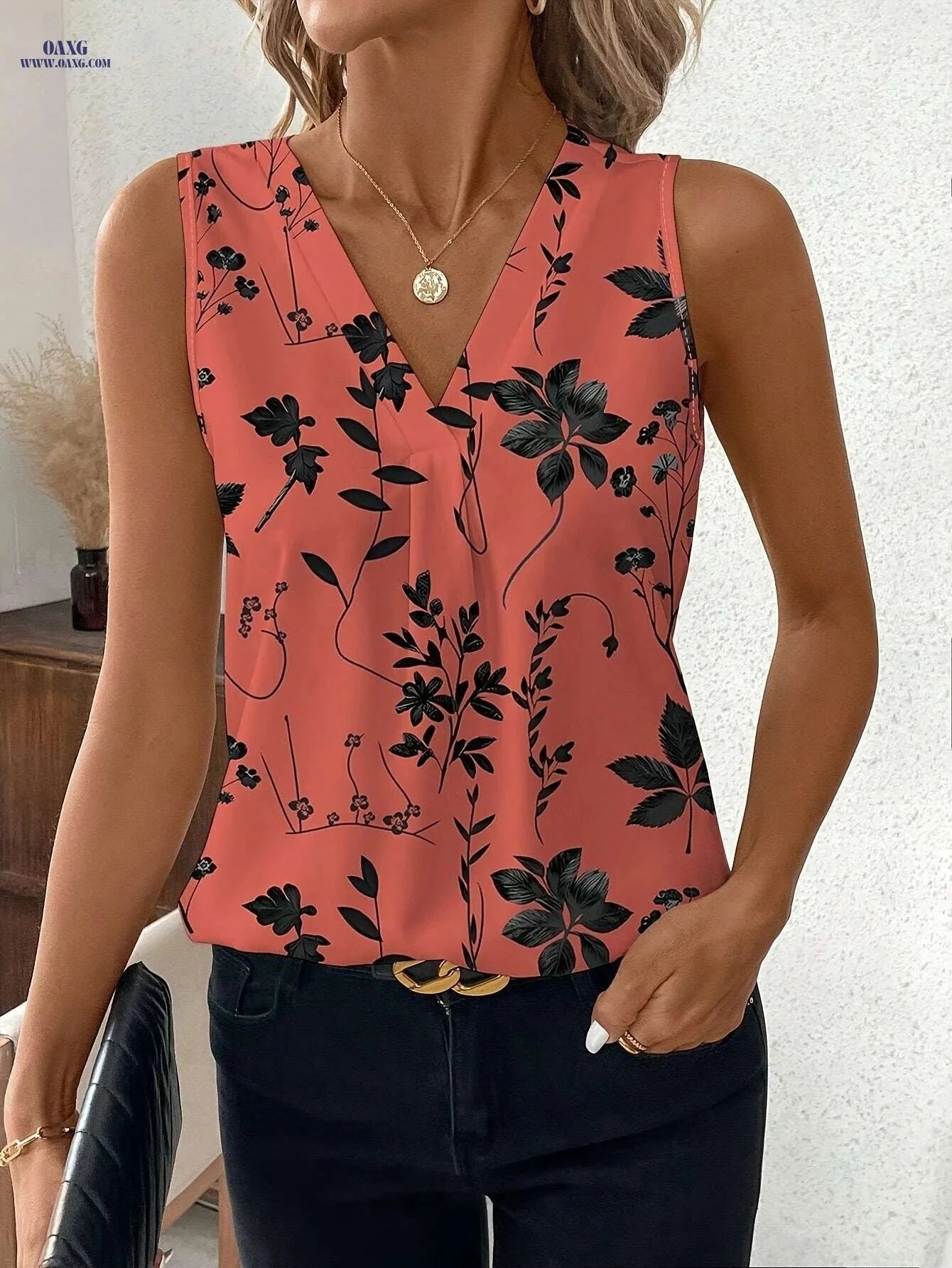 Tingyun Women's Peach Floral V-Neck Blouse - Lightweight & Casual   OAXG Multicolor 1 / S