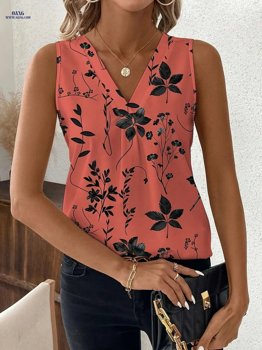 Tingyun Women's Peach Floral V-Neck Blouse - Lightweight & Casual   OAXG Multicolor 1 / S