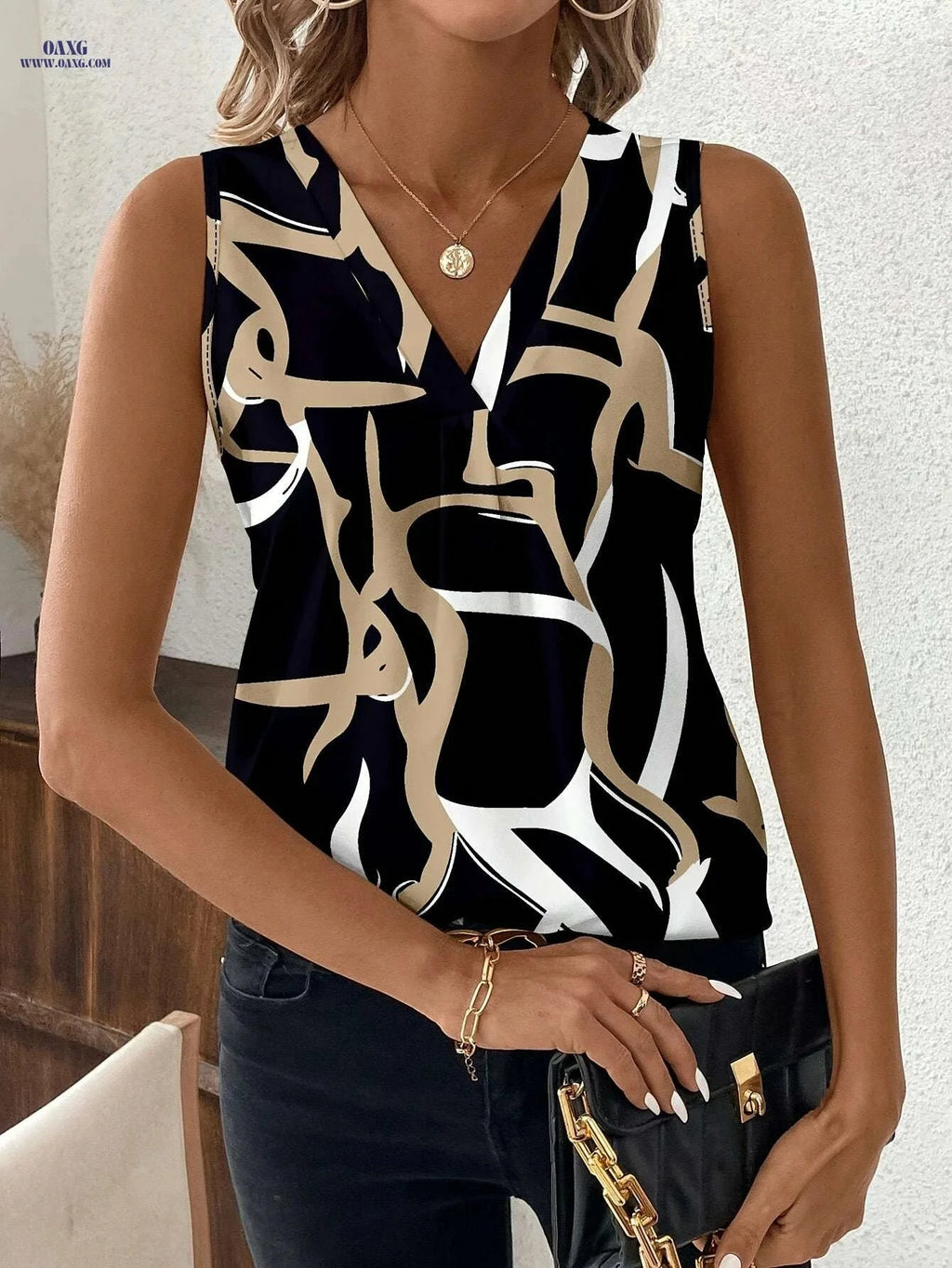 Tingyun Women’s Sleeveless V-Neck Tank Top - Geometric Print, Black & Beige   OAXG 