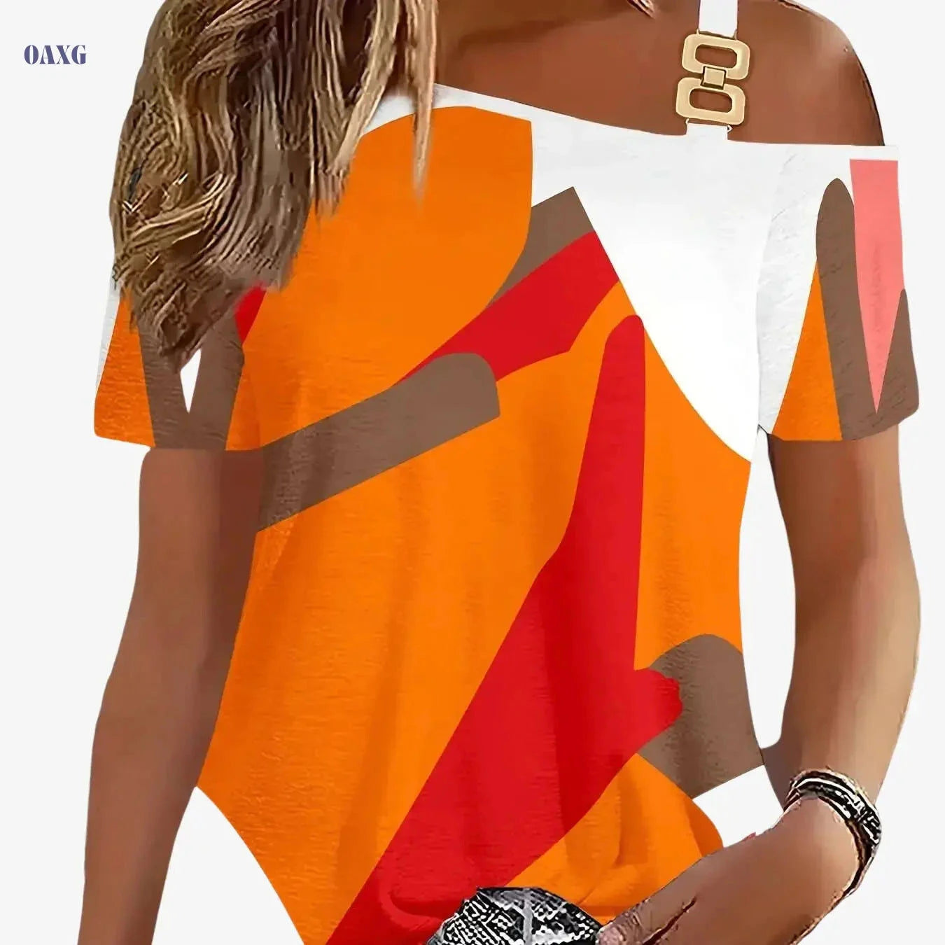 Trendy 2026 Summer Off-Shoulder T-Shirt - Casual Tribal Design   OAXG Orange / S