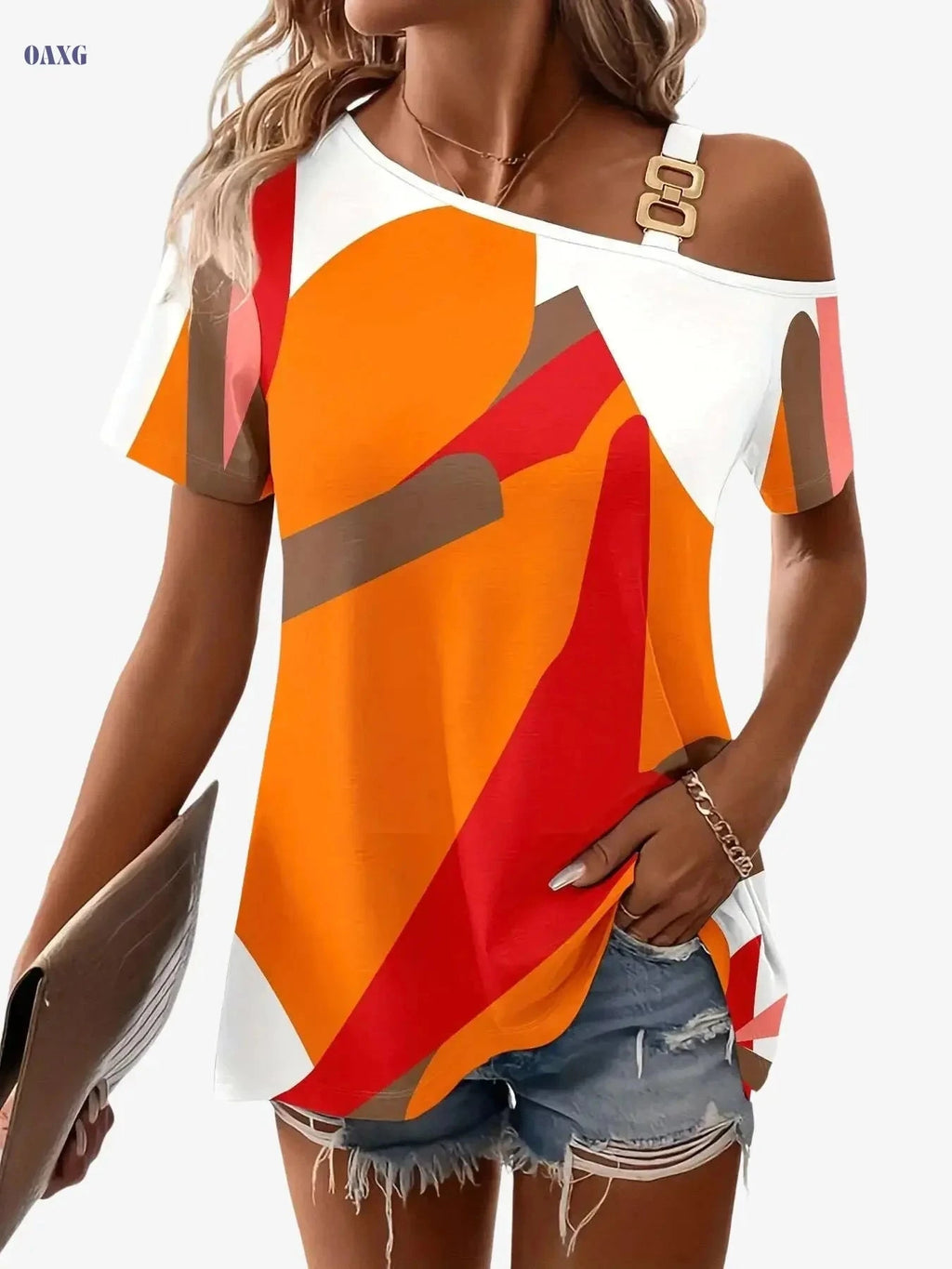 Trendy 2026 Summer Off-Shoulder T-Shirt - Casual Tribal Design   OAXG Orange / S