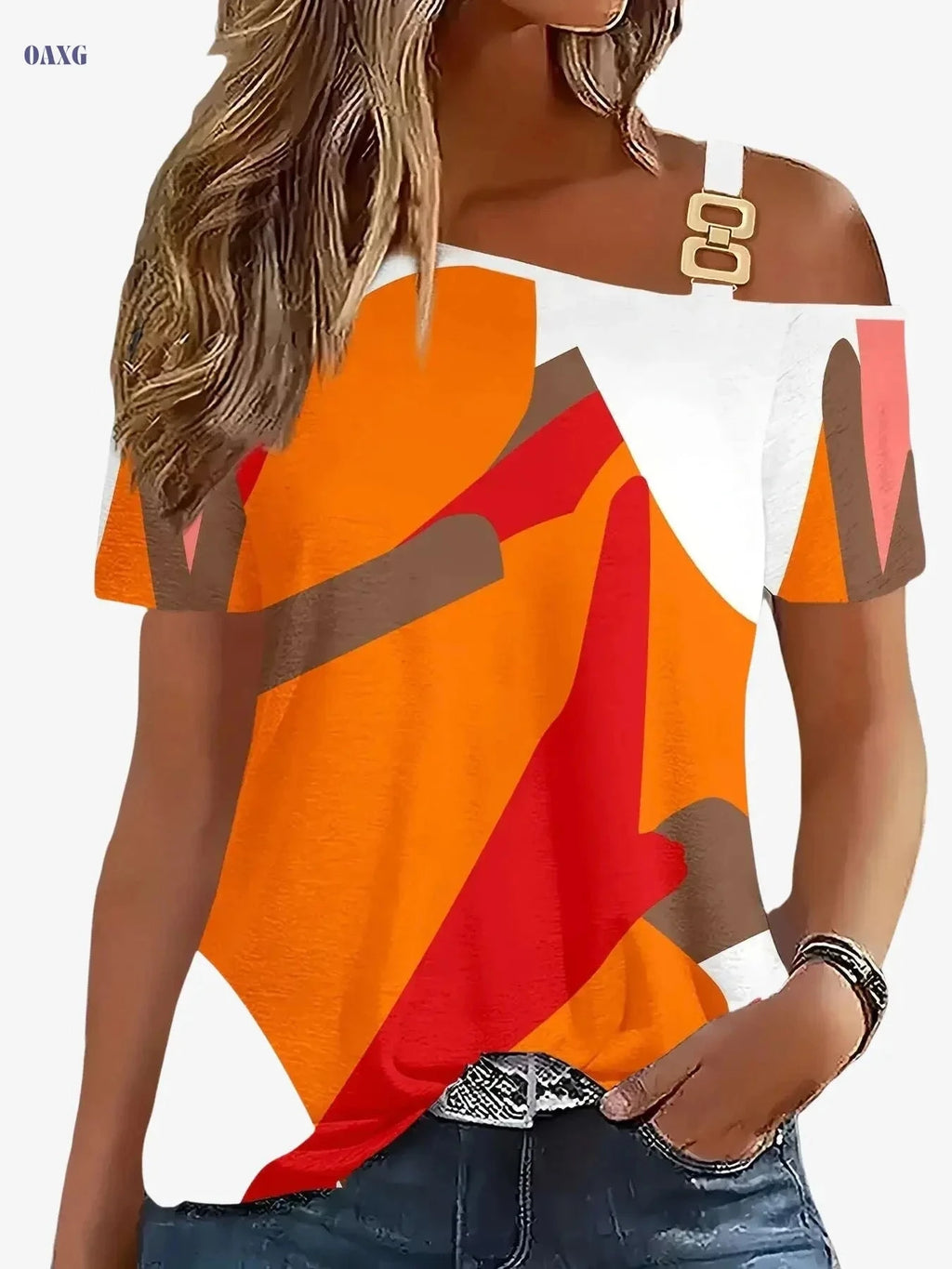 Trendy 2026 Summer Off-Shoulder T-Shirt - Casual Tribal Design   OAXG Orange / S