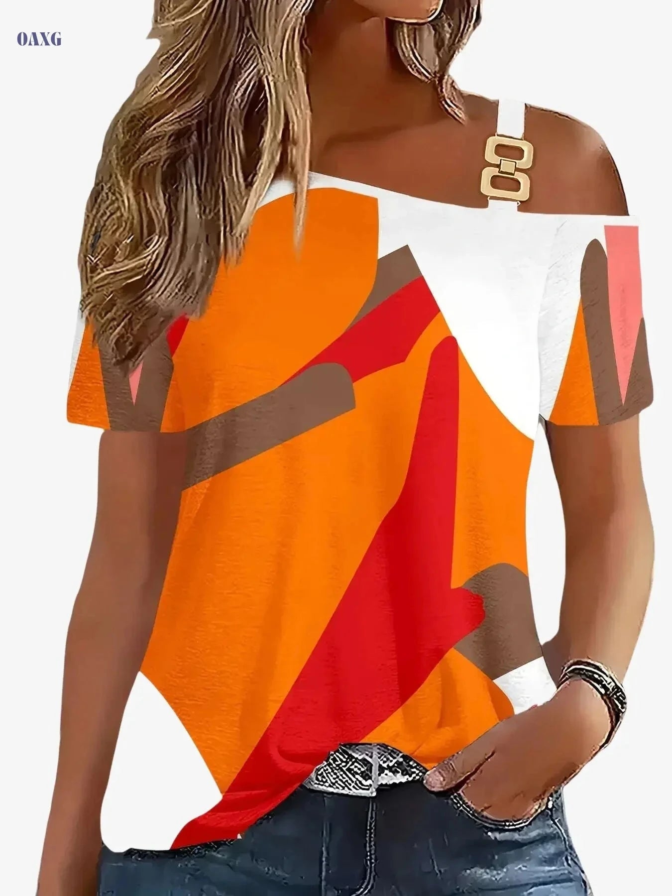 Trendy 2026 Summer Off-Shoulder T-Shirt - Casual Tribal Design   OAXG Orange / S