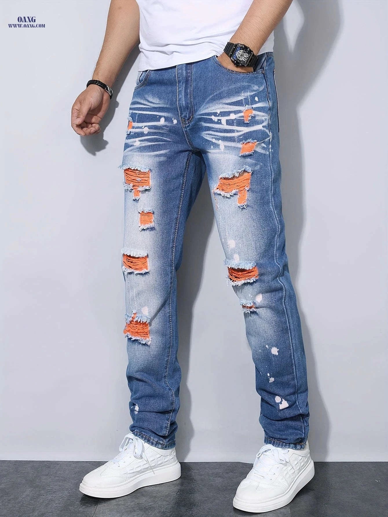 Trendy Blue and Orange Ripped Denim Jeans - Casual Weekend Style   OAXG Blue / FR 34-36