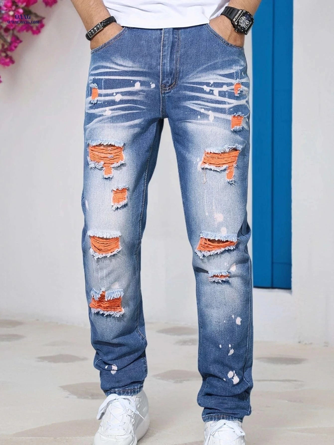 Trendy Blue and Orange Ripped Denim Jeans - Casual Weekend Style   OAXG Blue / FR 34-36