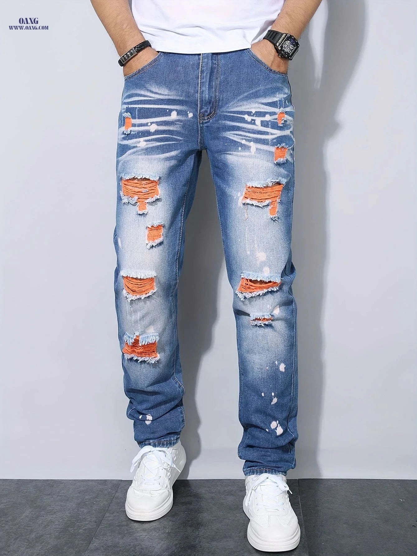 Trendy Blue and Orange Ripped Denim Jeans - Casual Weekend Style   OAXG 
