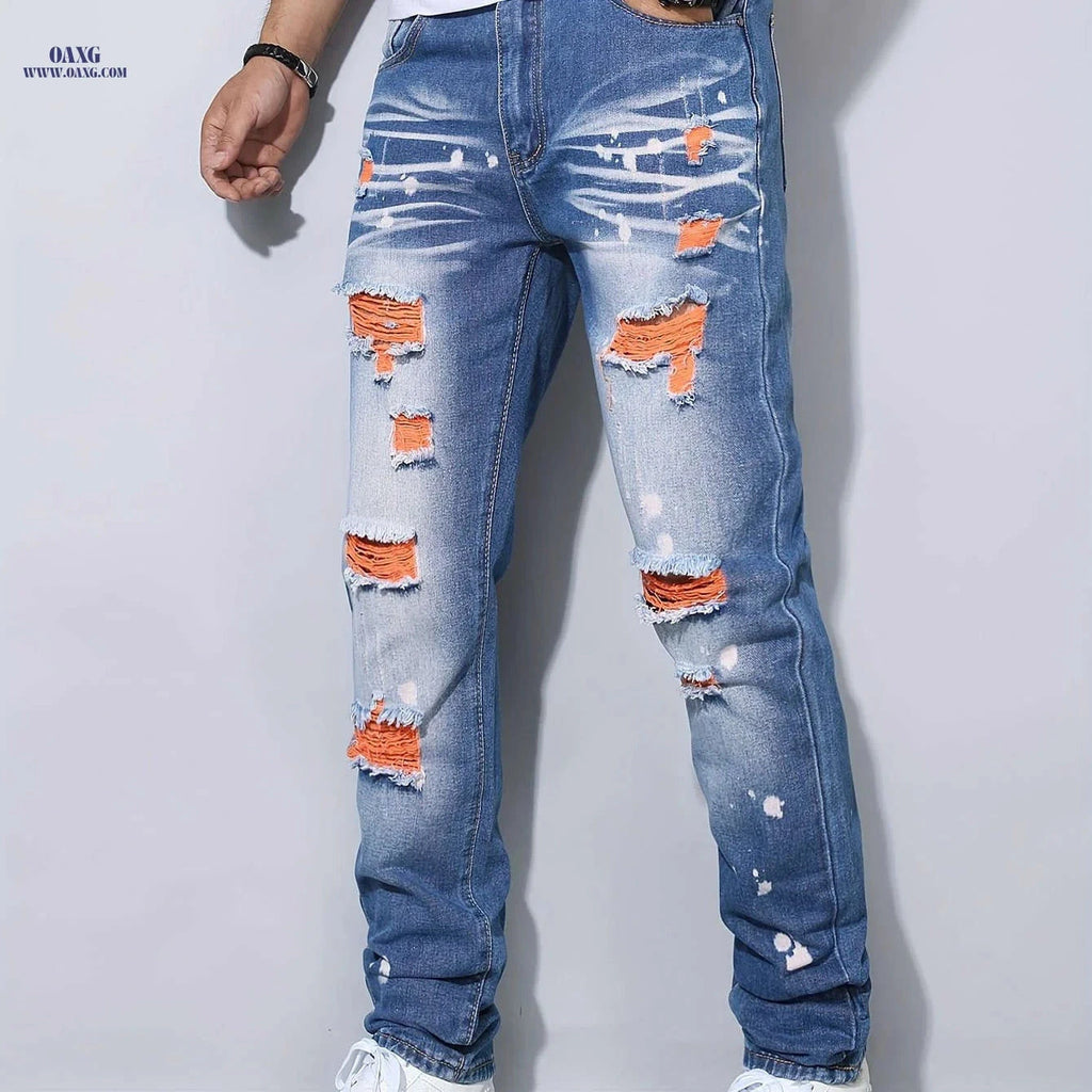 Trendy Blue and Orange Ripped Denim Jeans - Casual Weekend Style   OAXG 