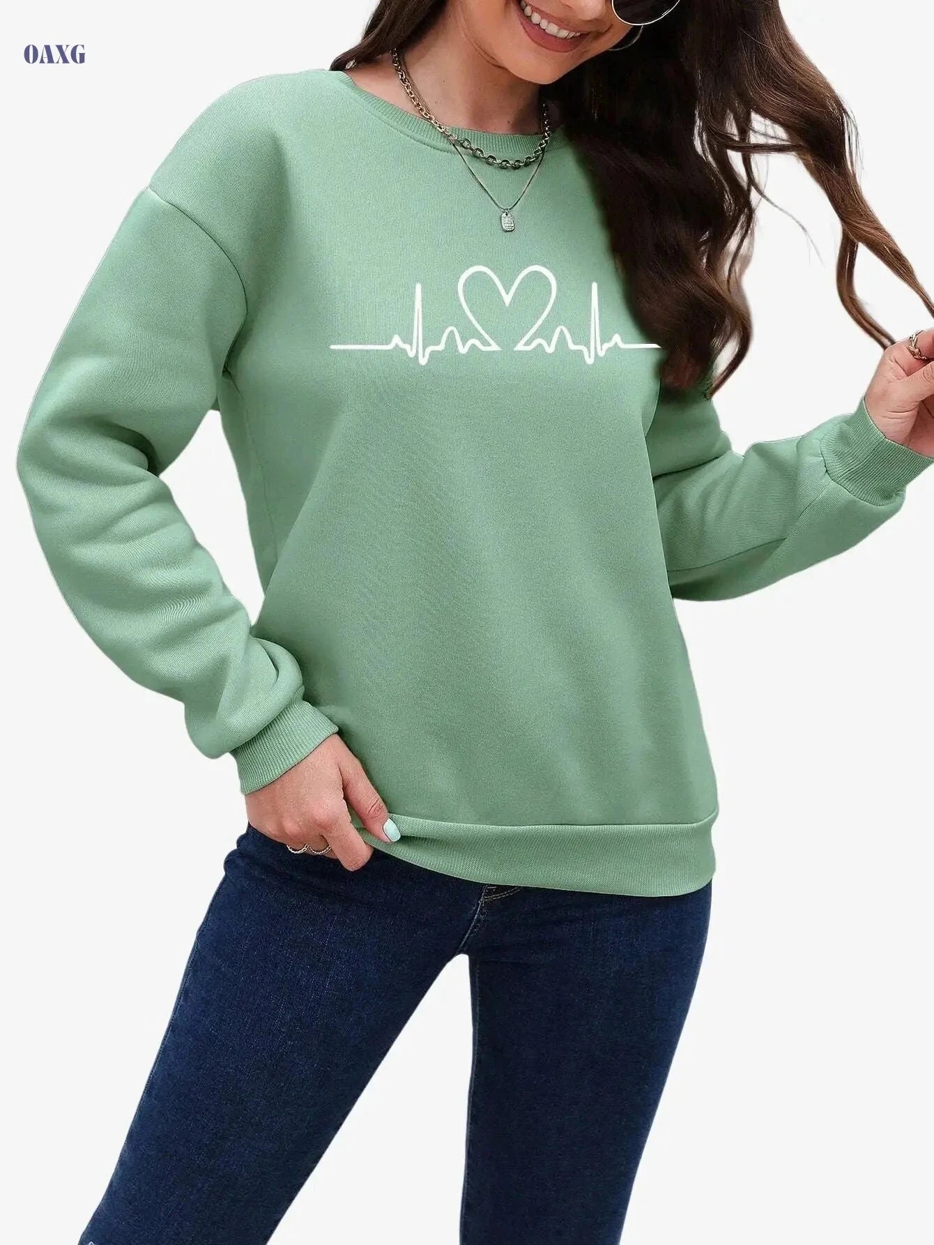 Trendy Casual Round Neck Sweatshirt - Cozy Fall/Winter Wear   OAXG Yellow-green / S