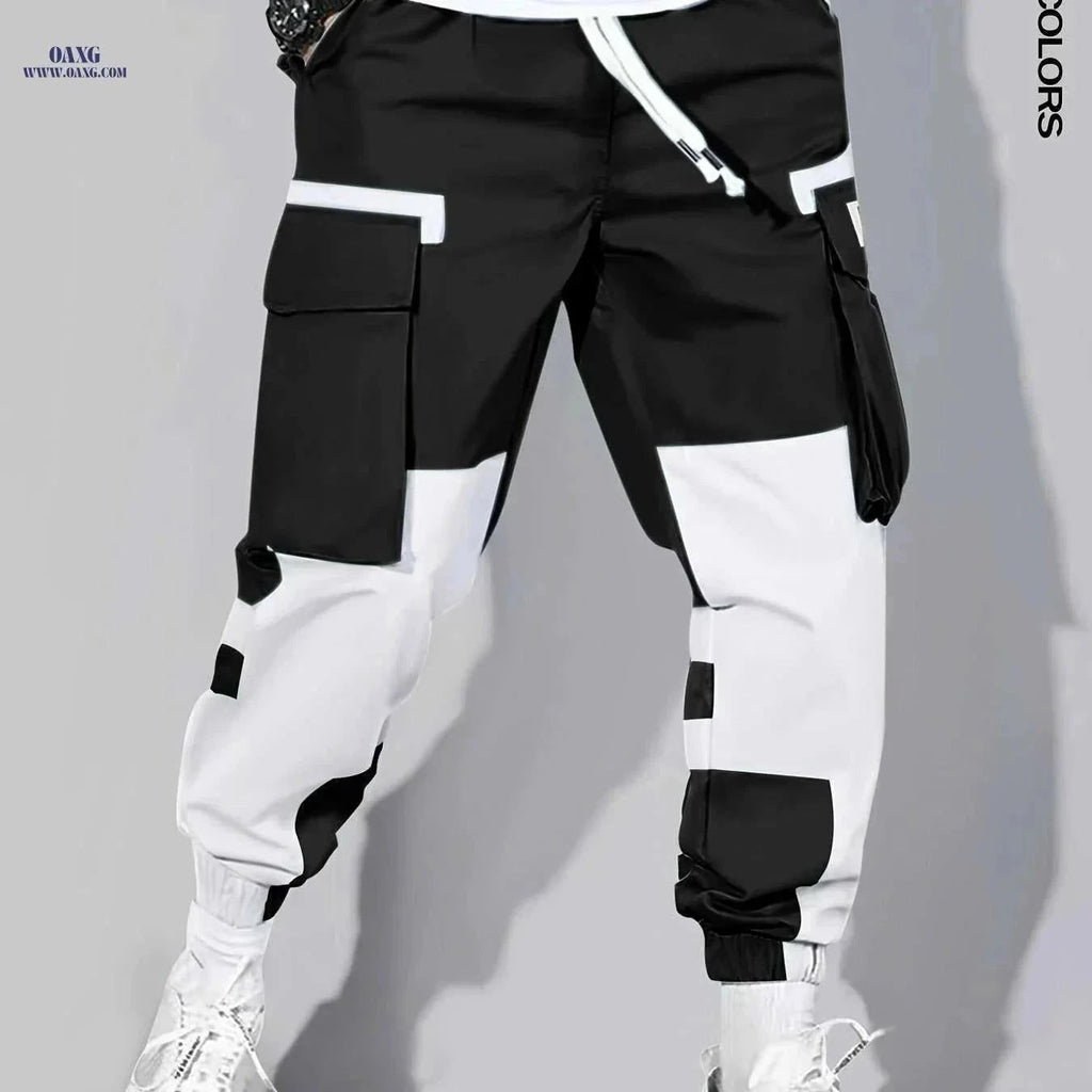 Trendy Color-Block Cargo Pants for Men - Loose & Comfortable Fit   OAXG Black / S