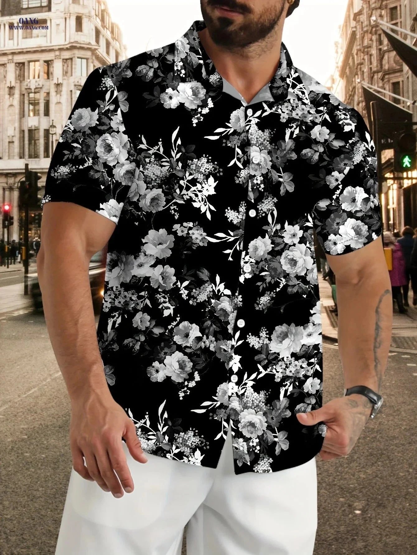 Trendy Floral Short-Sleeved Shirt - Stylish Casual Wear for All Seasons   OAXG Black / FR S