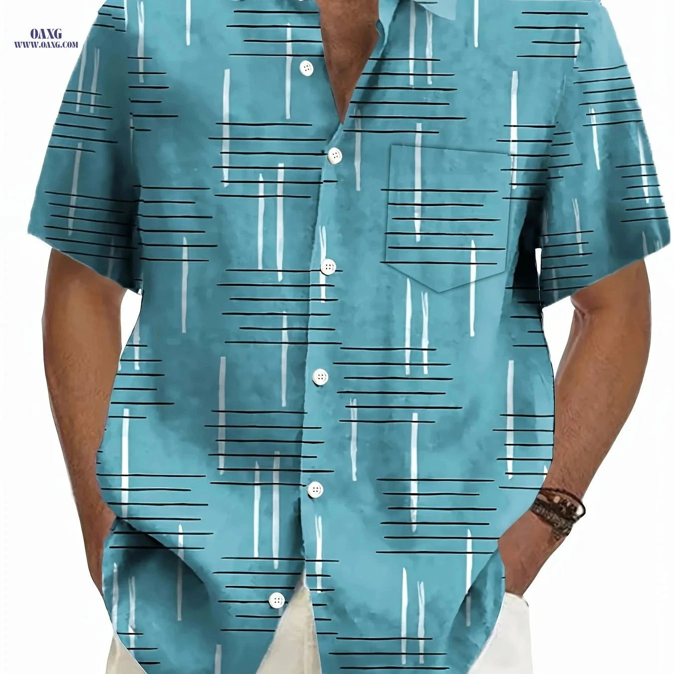 Trendy Geometric Pattern Casual Short Sleeve Shirt for Men   OAXG Military Blue / FR M