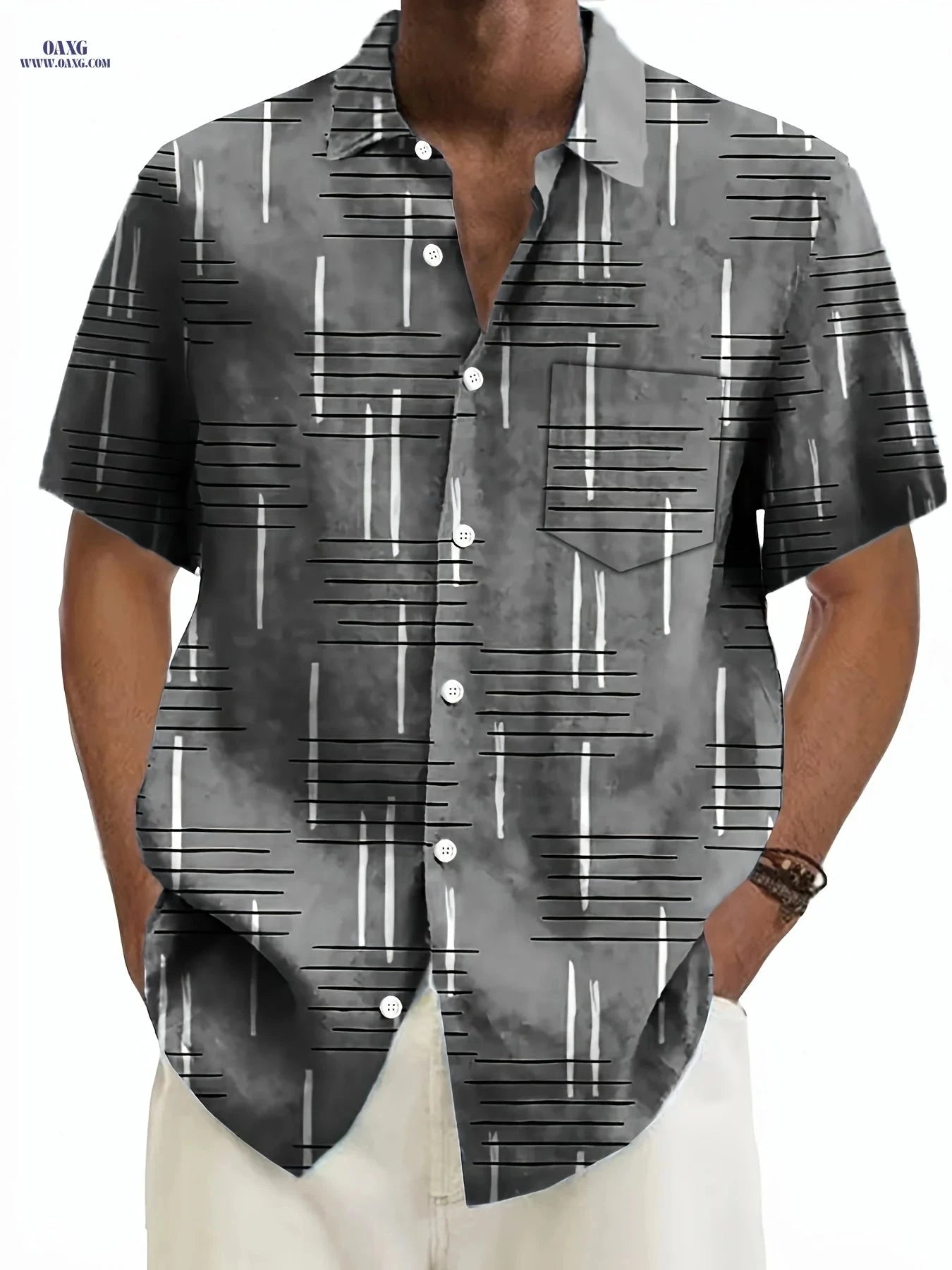 Trendy Geometric Pattern Casual Short Sleeve Shirt for Men   OAXG Military Blue / FR M