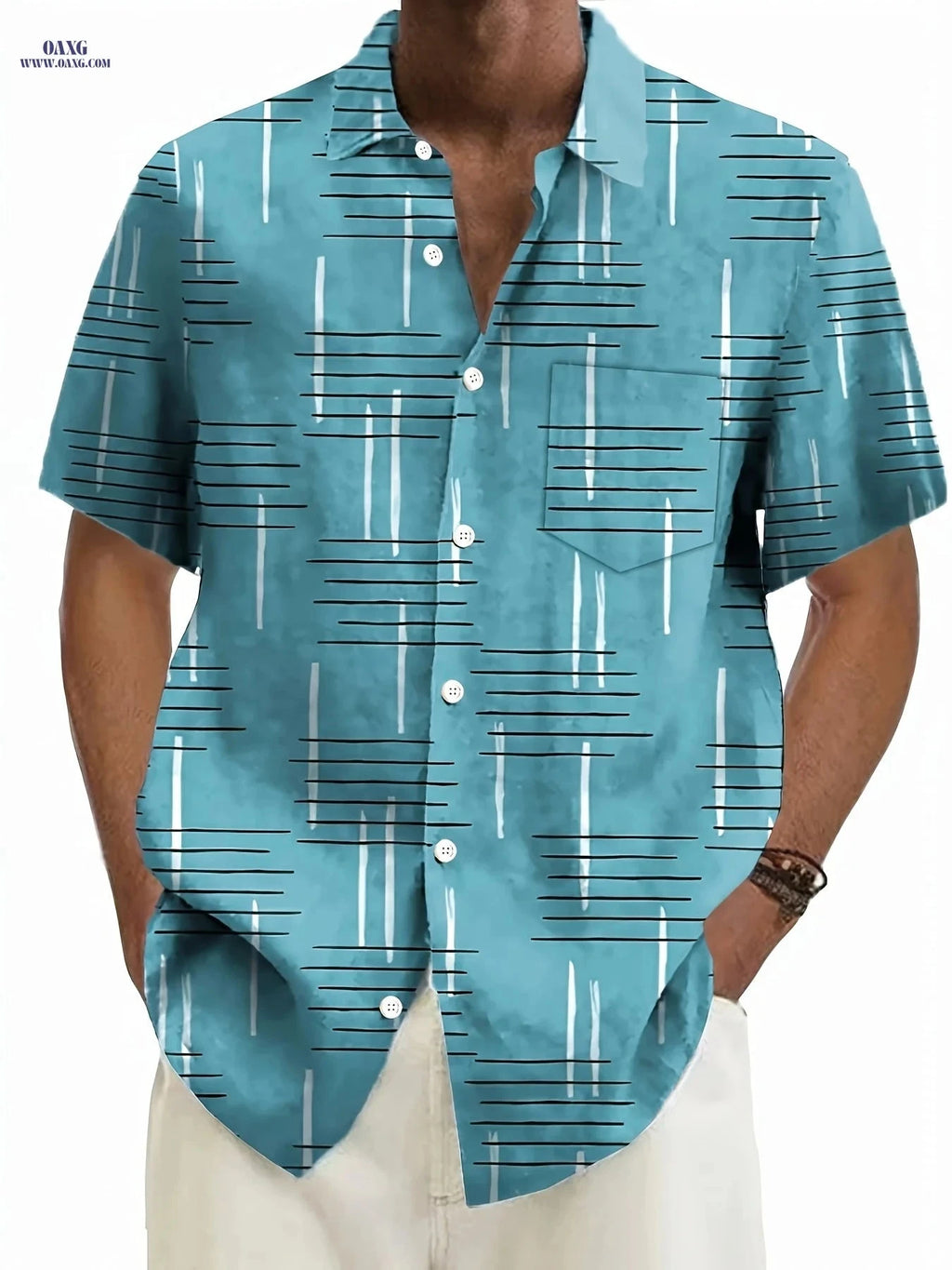 Trendy Geometric Pattern Casual Short Sleeve Shirt for Men   OAXG Military Blue / FR M