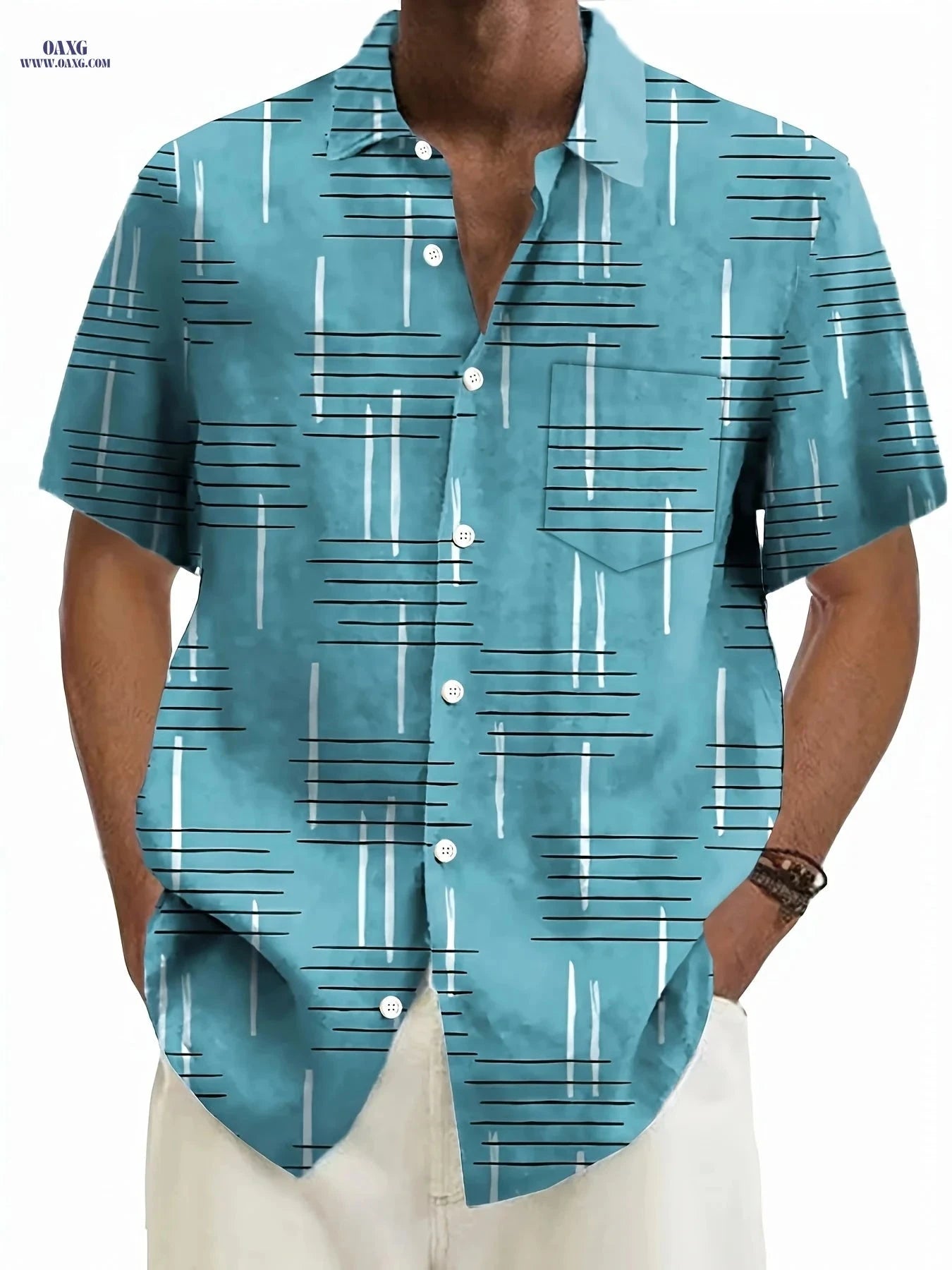 Trendy Geometric Pattern Casual Short Sleeve Shirt for Men   OAXG Military Blue / FR M