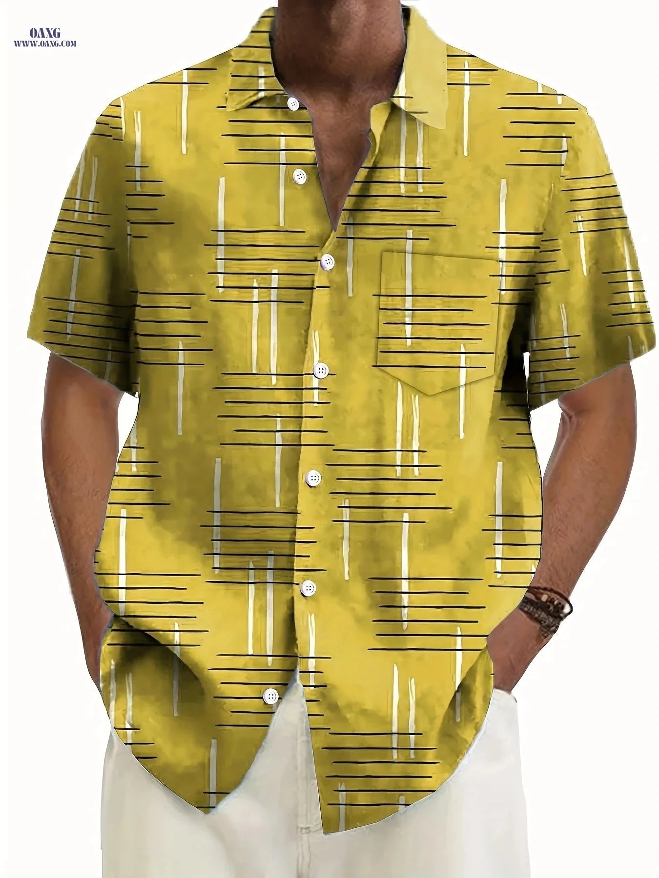 Trendy Geometric Pattern Casual Short Sleeve Shirt for Men   OAXG Military Blue / FR M