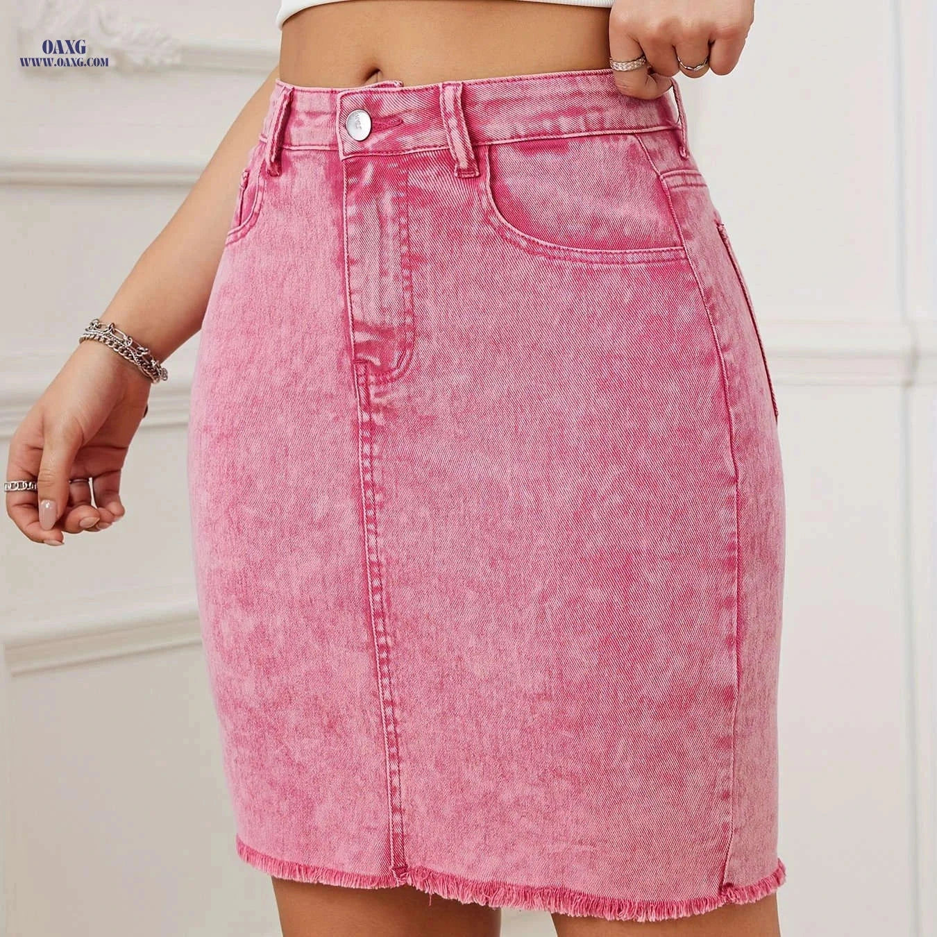Trendy High-Stretch Denim Skirt - Casual Style for All Seasons   OAXG Pink / S