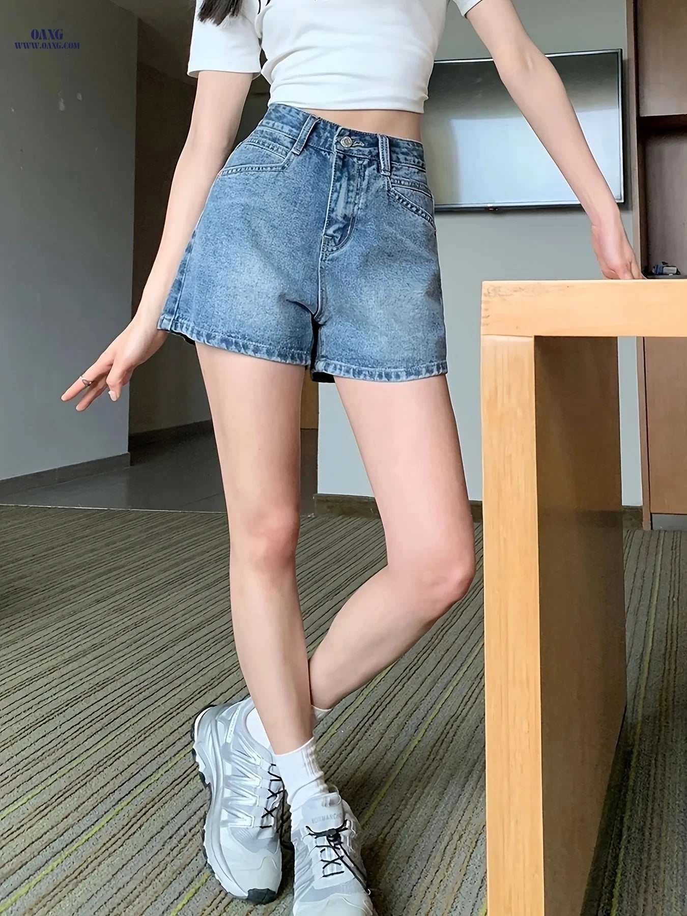 Trendy High-Waisted Vintage Denim Shorts - Summer Style, Non-Stretch   OAXG 